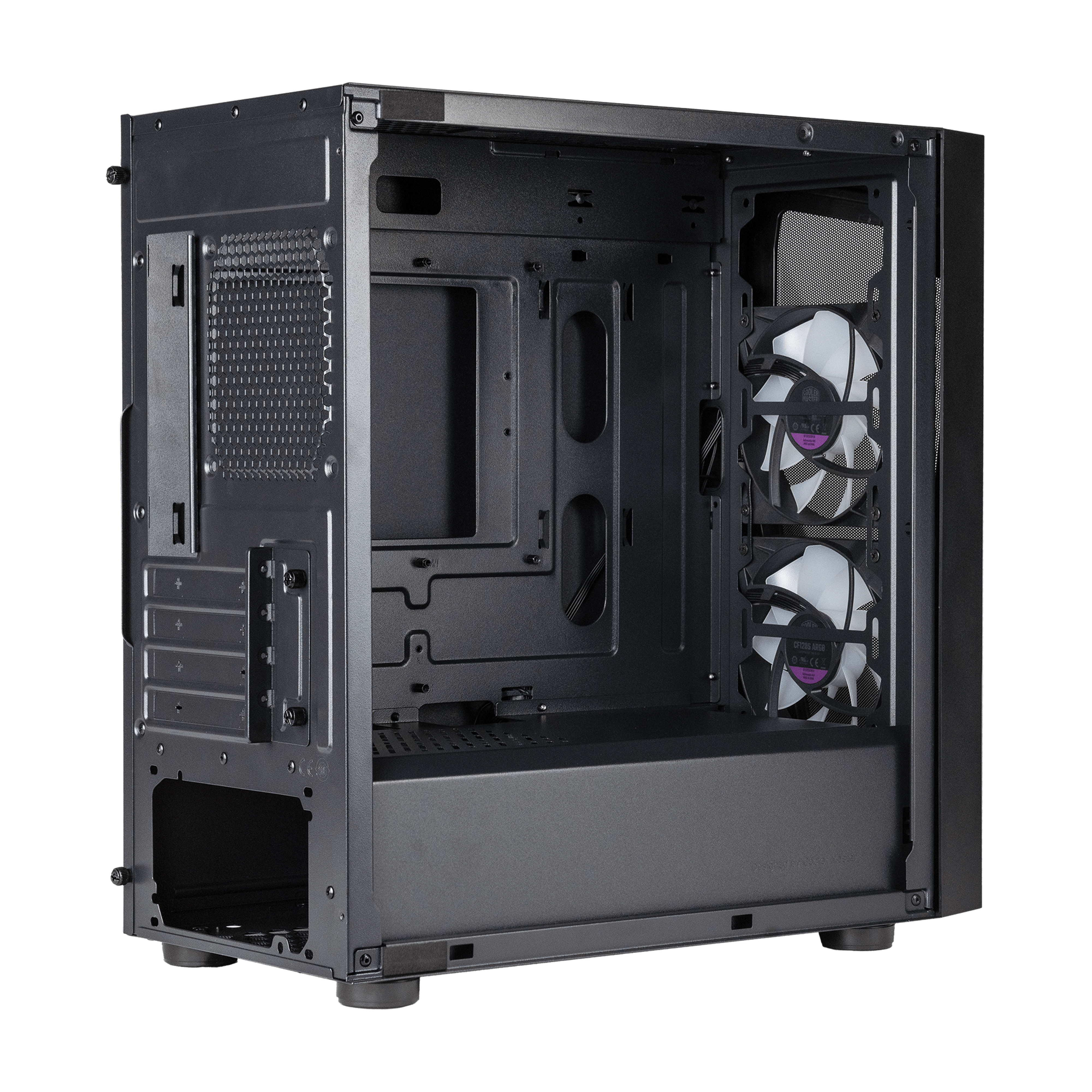 A black computer case with fans and an open side panel.