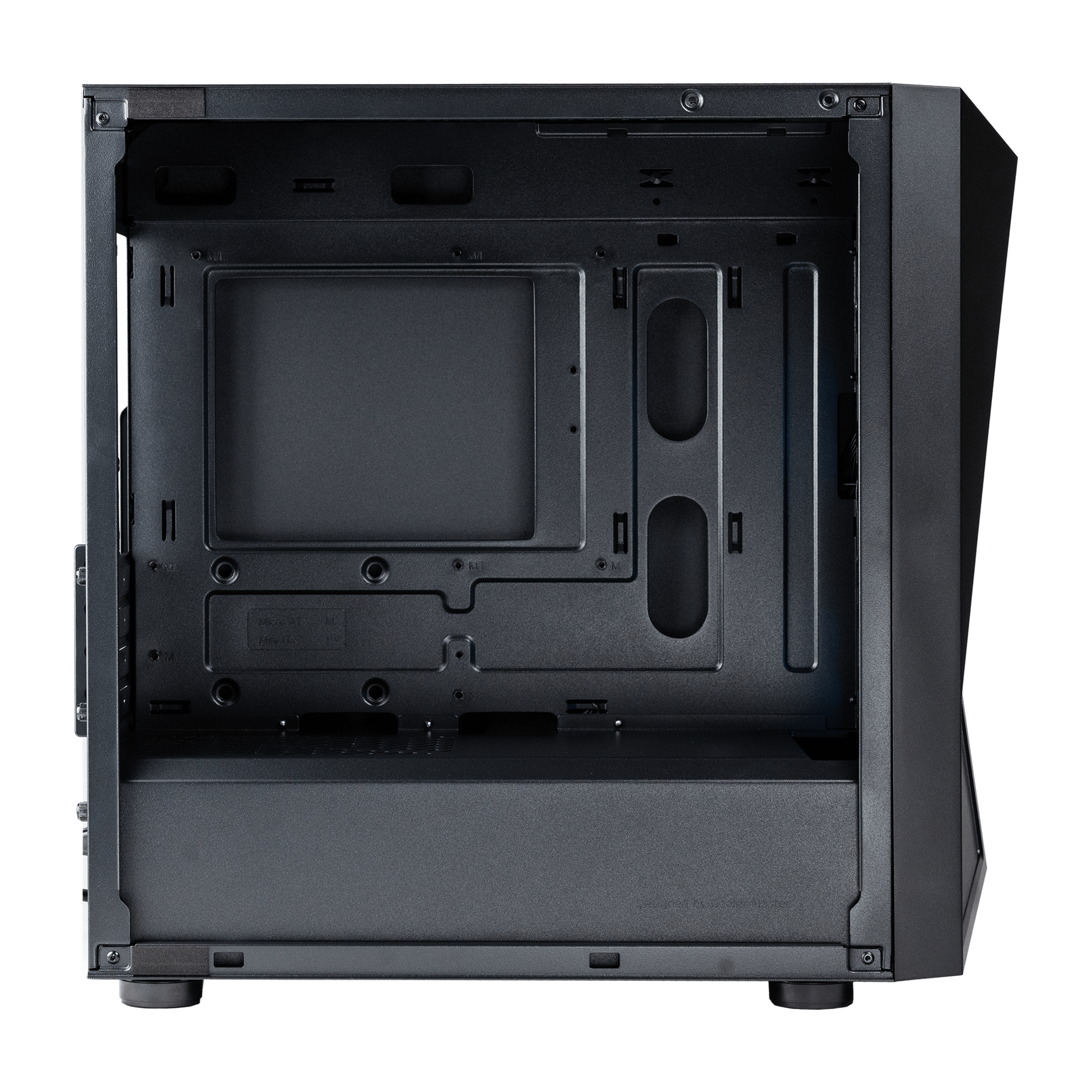 Black computer case with side panel removed, showing internal mounting points.