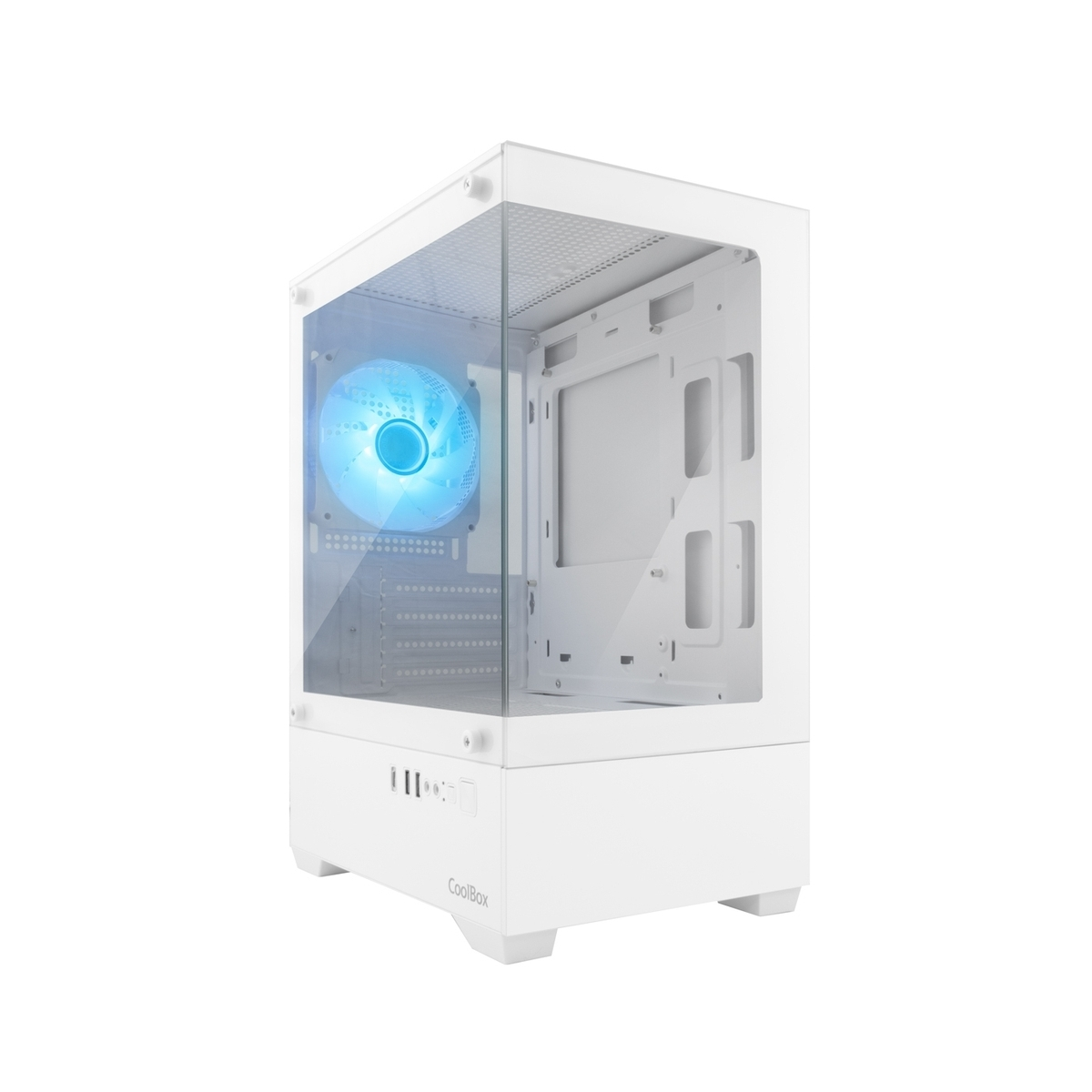 Una caja de PC blanca con un ventilador iluminado en azul y panel frontal de vidrio.