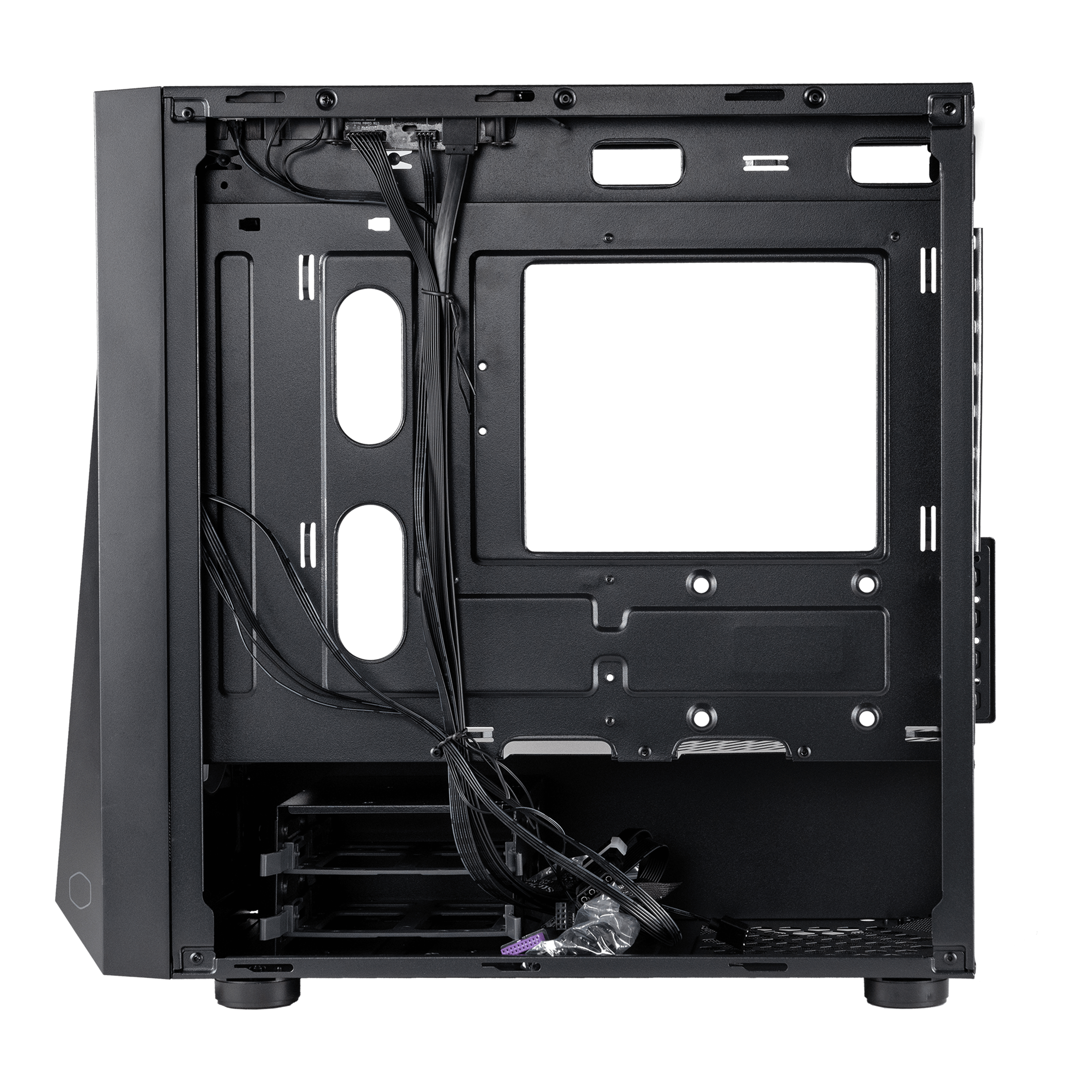 Back view of a black computer case with cable management.