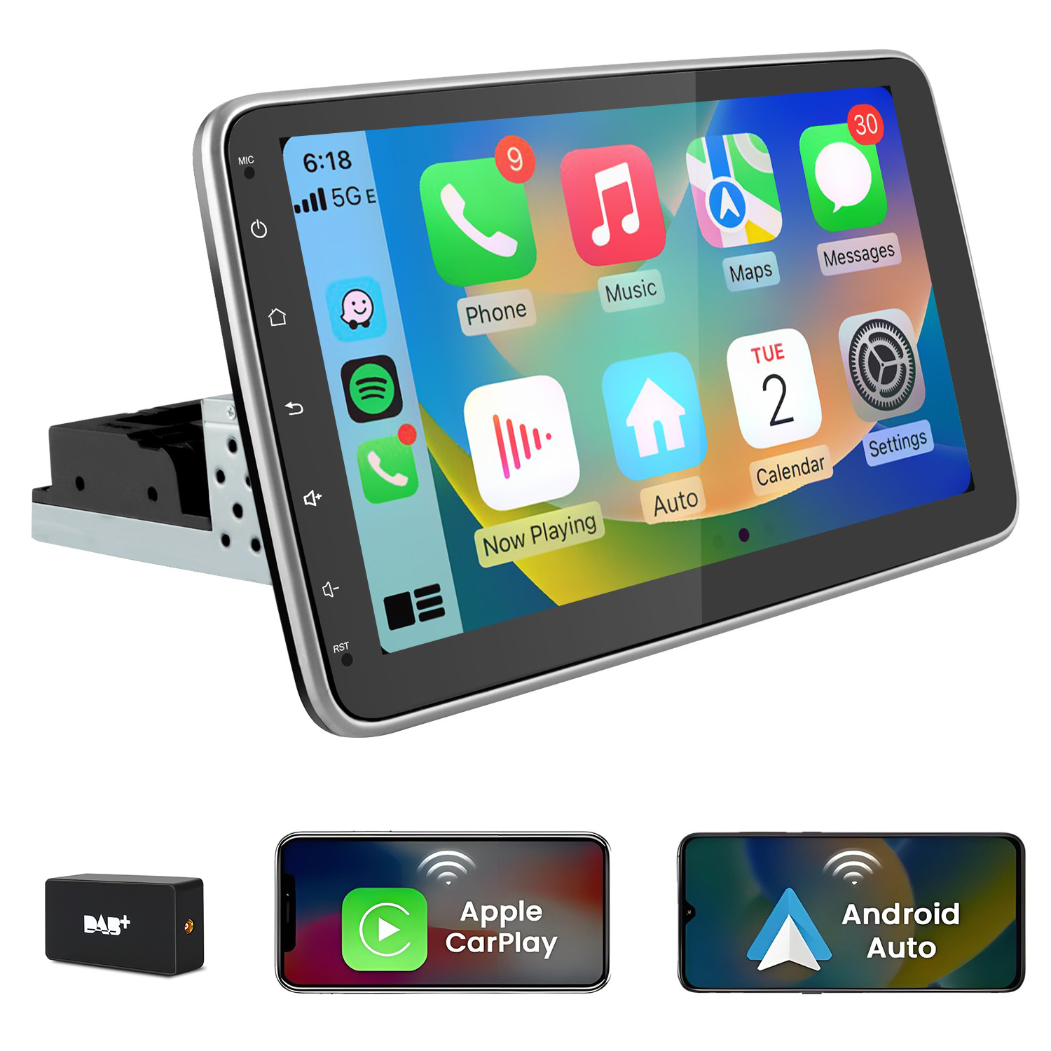 Un autoradio touchscreen mostra app per smartphone. Accanto, un ricevitore DAB+.