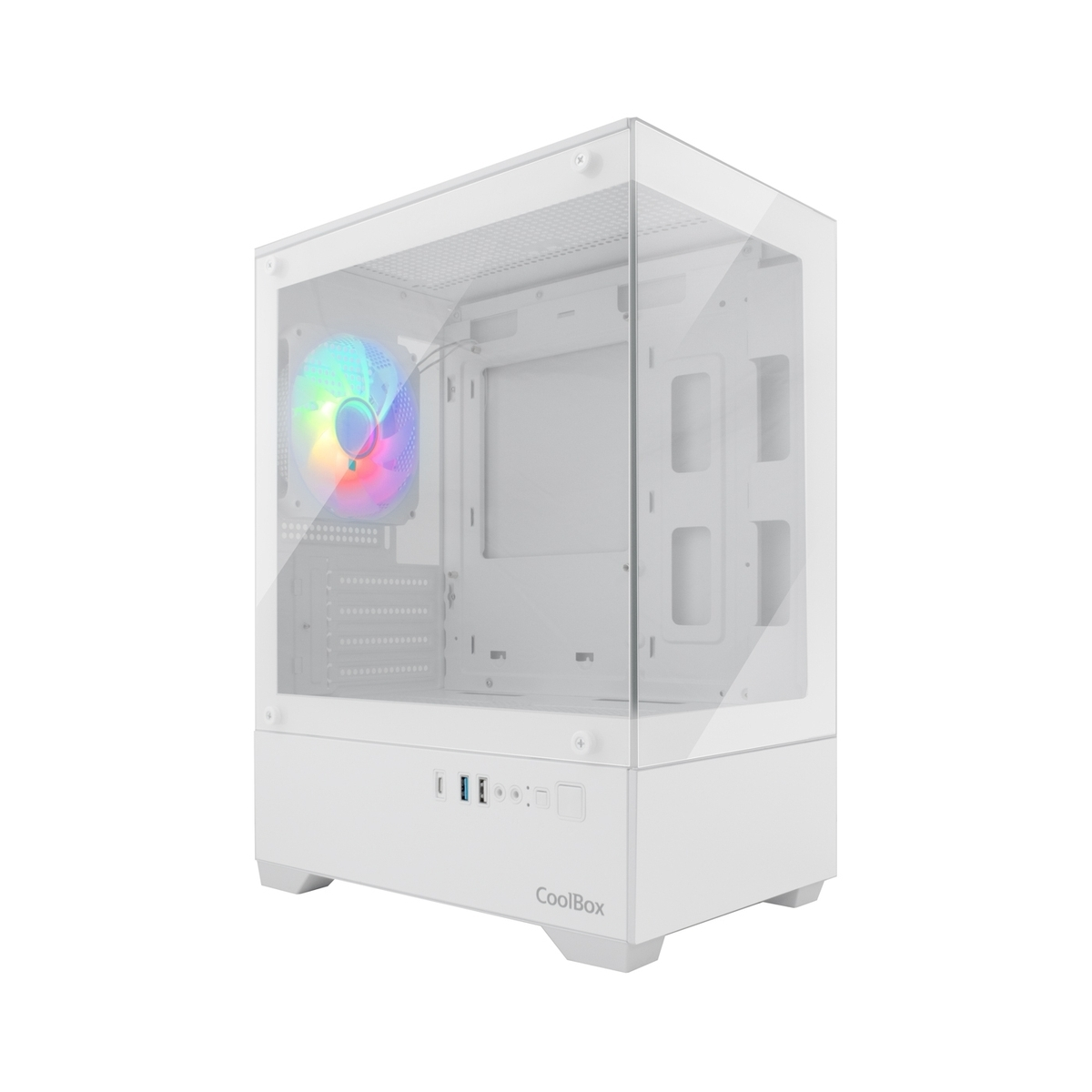 Una caja de PC blanca con ventilador RGB y ventana de cristal.