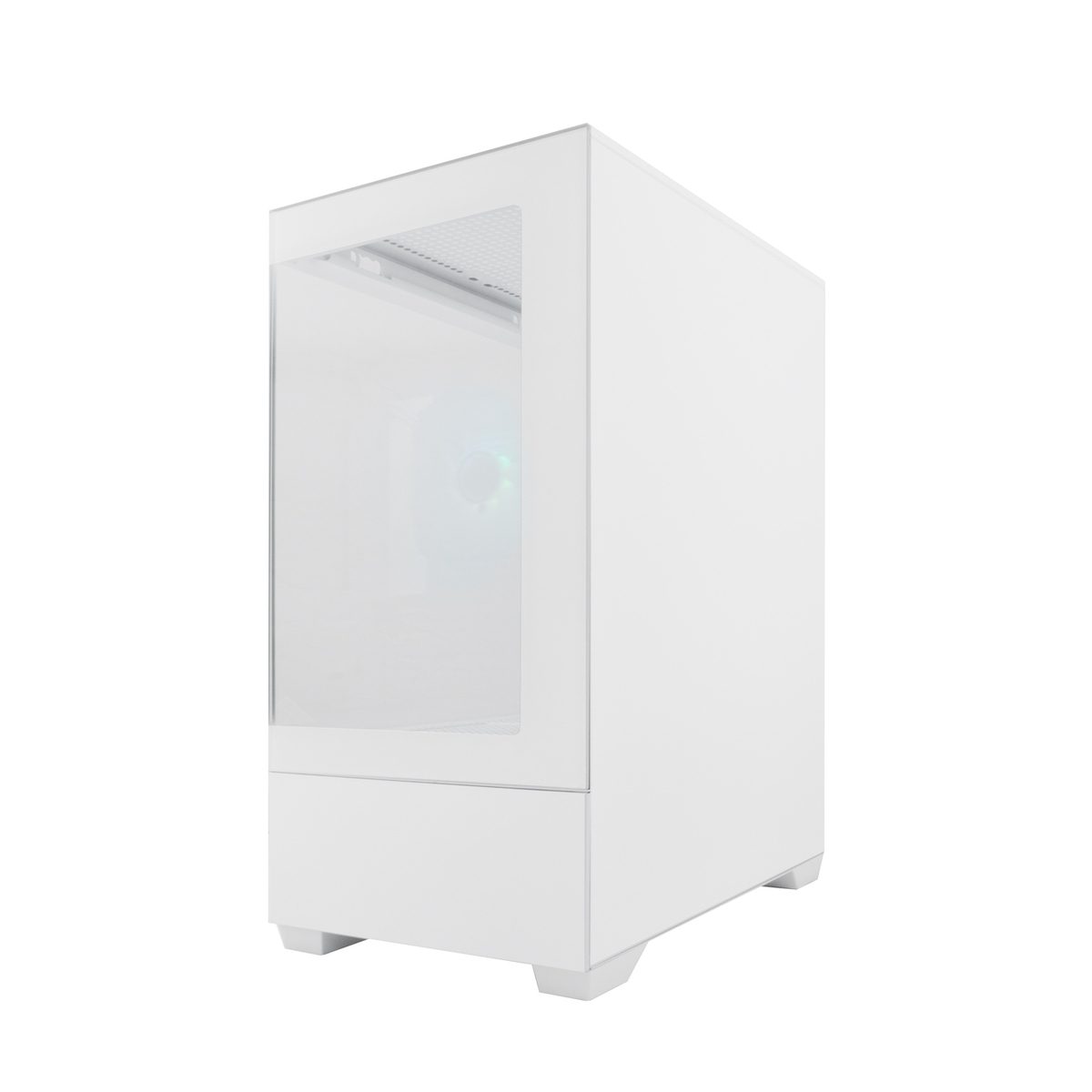 Una caja de ordenador blanca con ventana transparente y luz verde.
