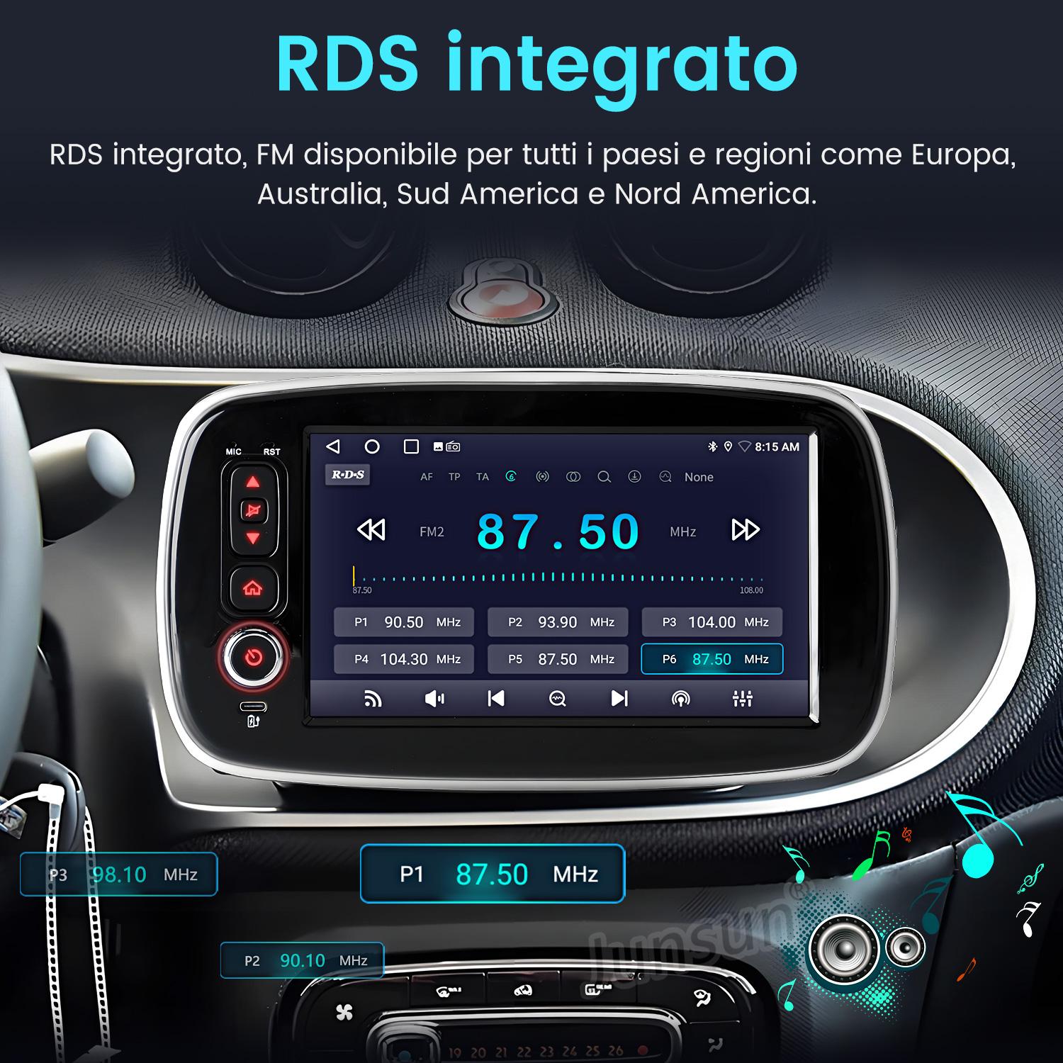 Lo schermo di una radio per auto mostra frequenze FM e note musicali.