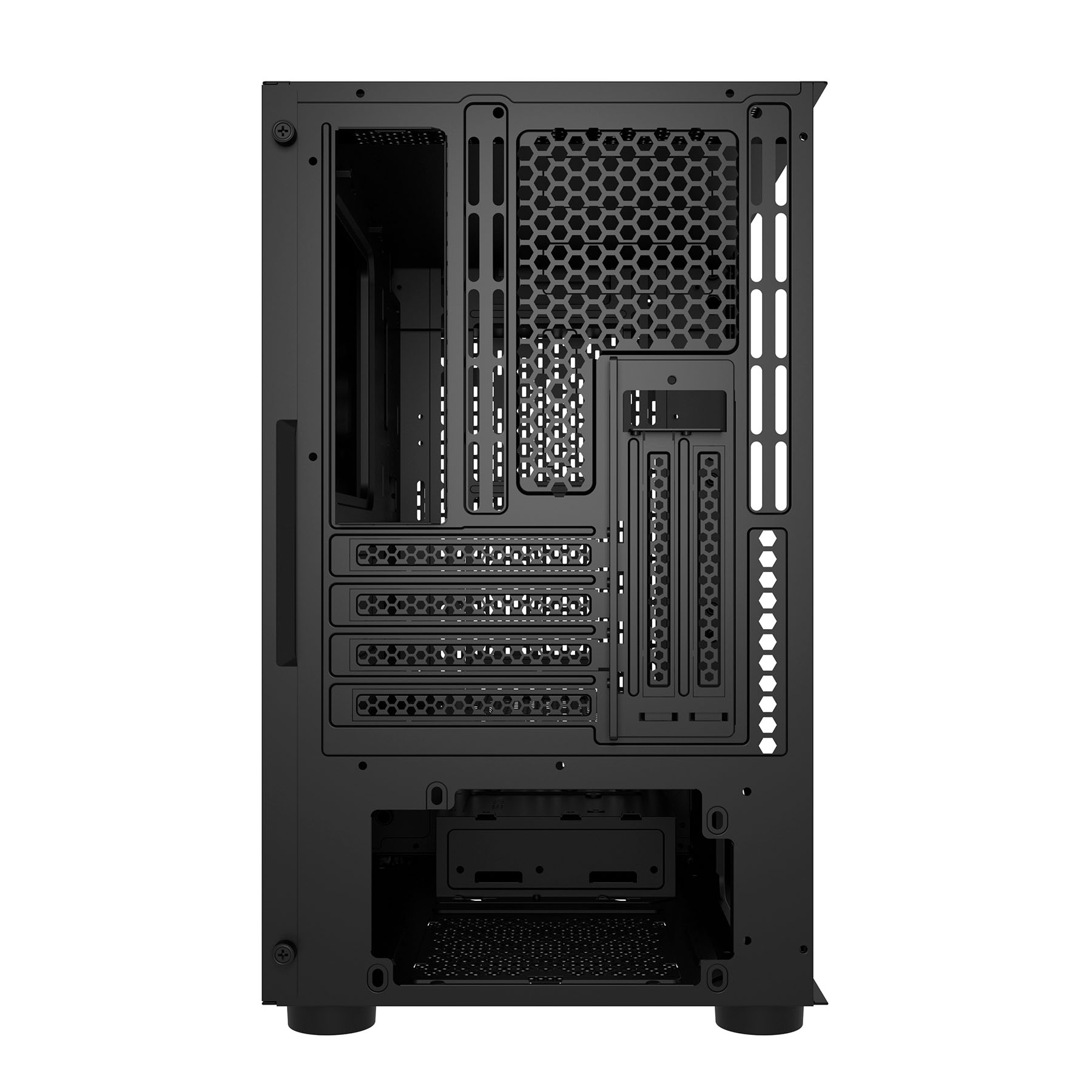 Retro di un case per computer nero con fessure di ventilazione e punti di montaggio.