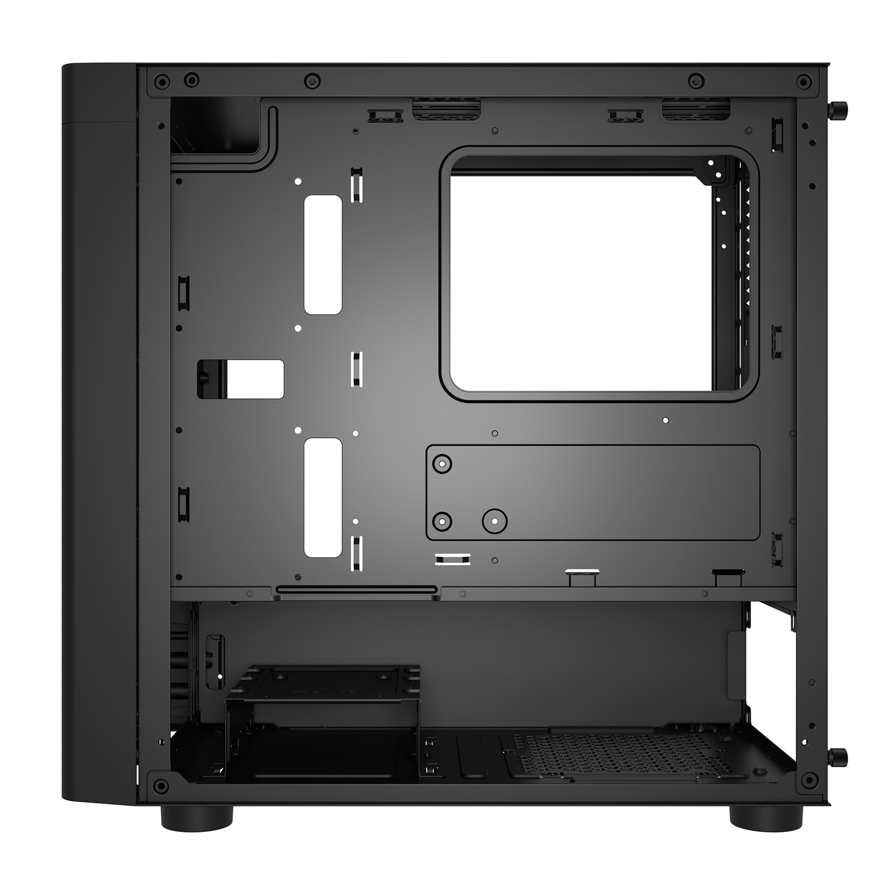 Un case per computer nero, vista interna. Vuoto, con punti di montaggio.