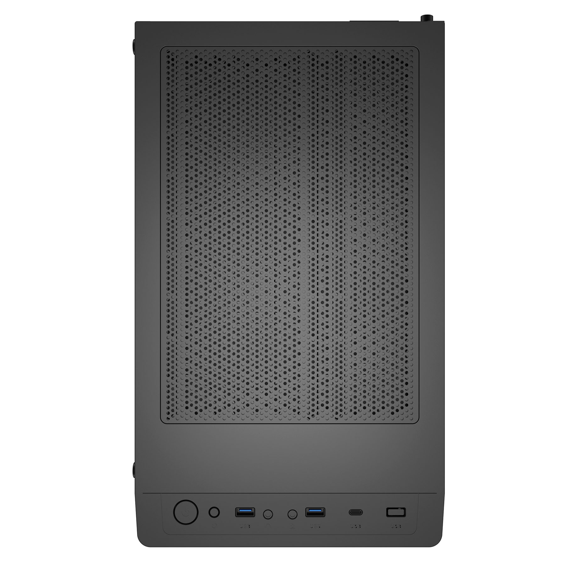 Un case PC nero con parte superiore forata e porte frontali.