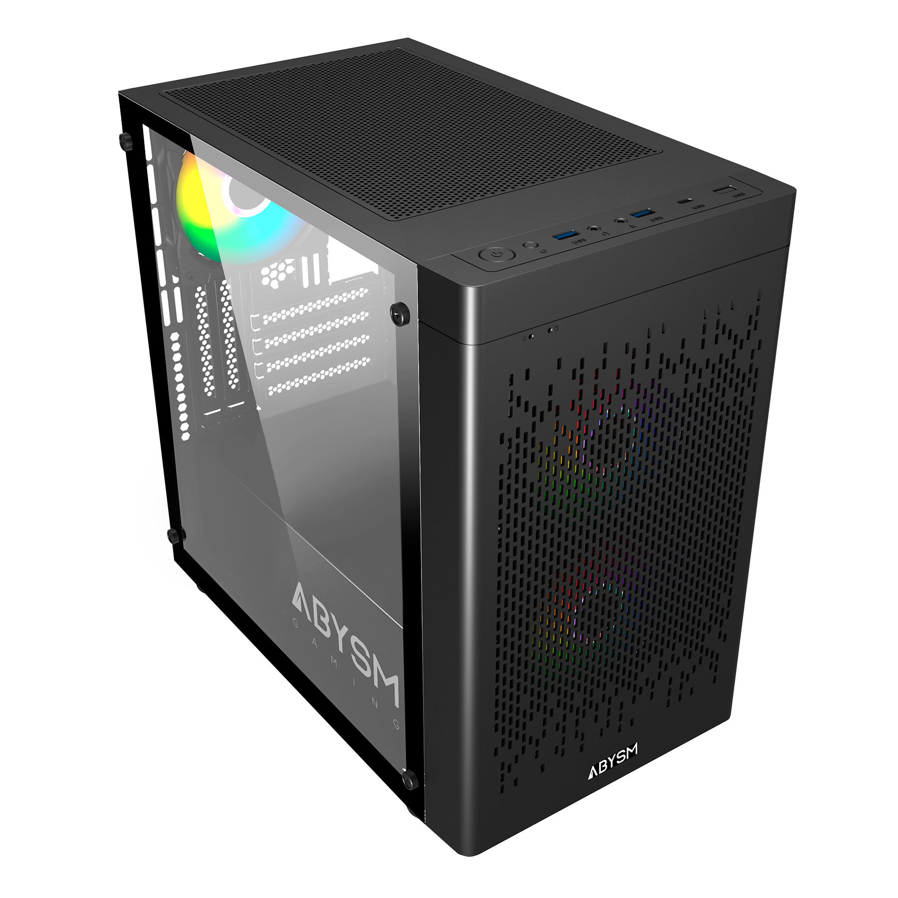 Case PC nero con finestra in vetro, ventola con illuminazione arcobaleno.