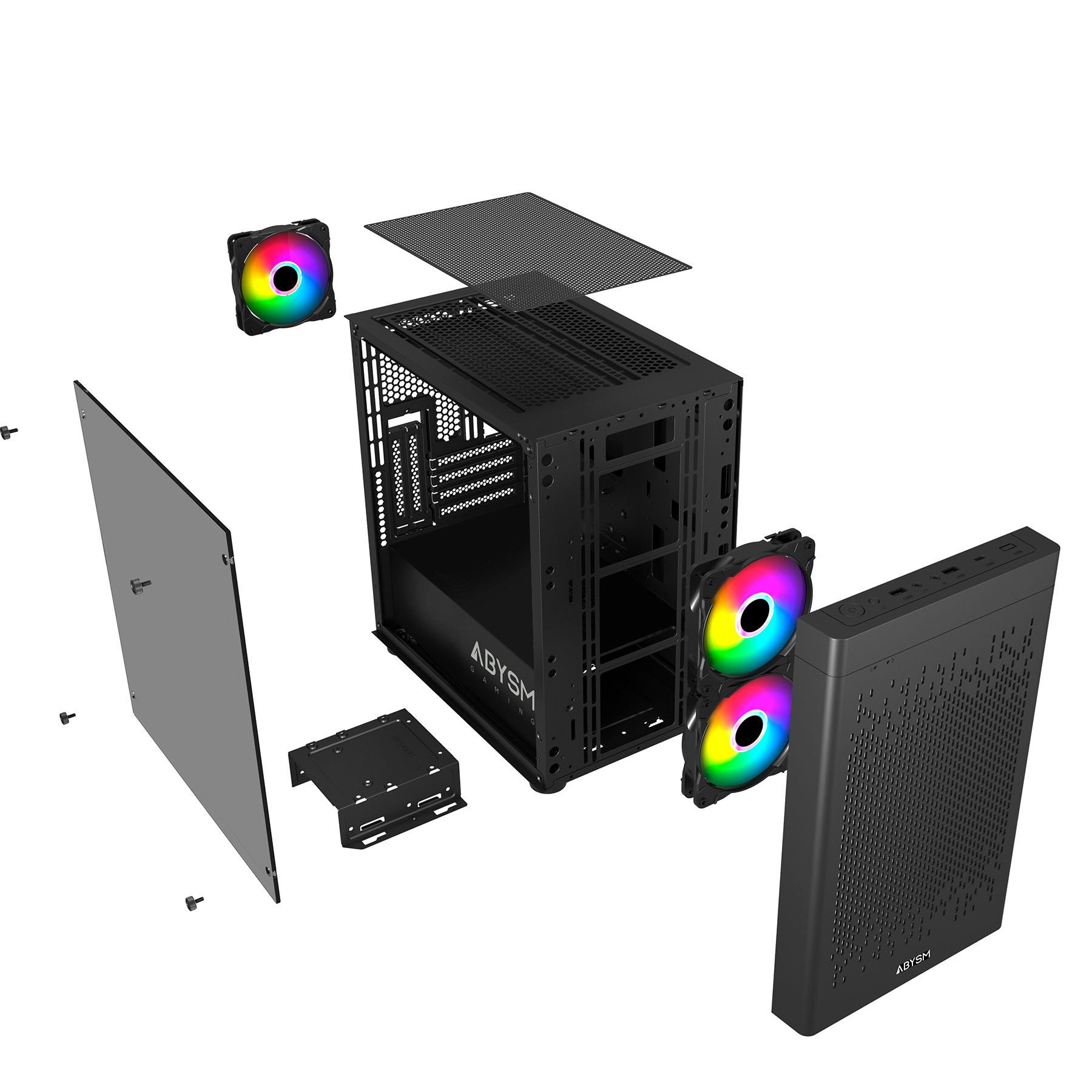Un case per PC nero con ventole RGB, pannello in vetro e accessori.
