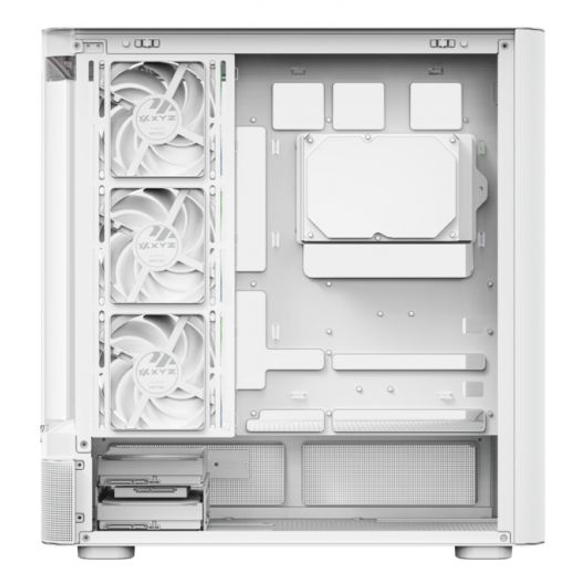 Un case per computer bianco con tre ventole a sinistra e alloggiamenti per unità a destra.