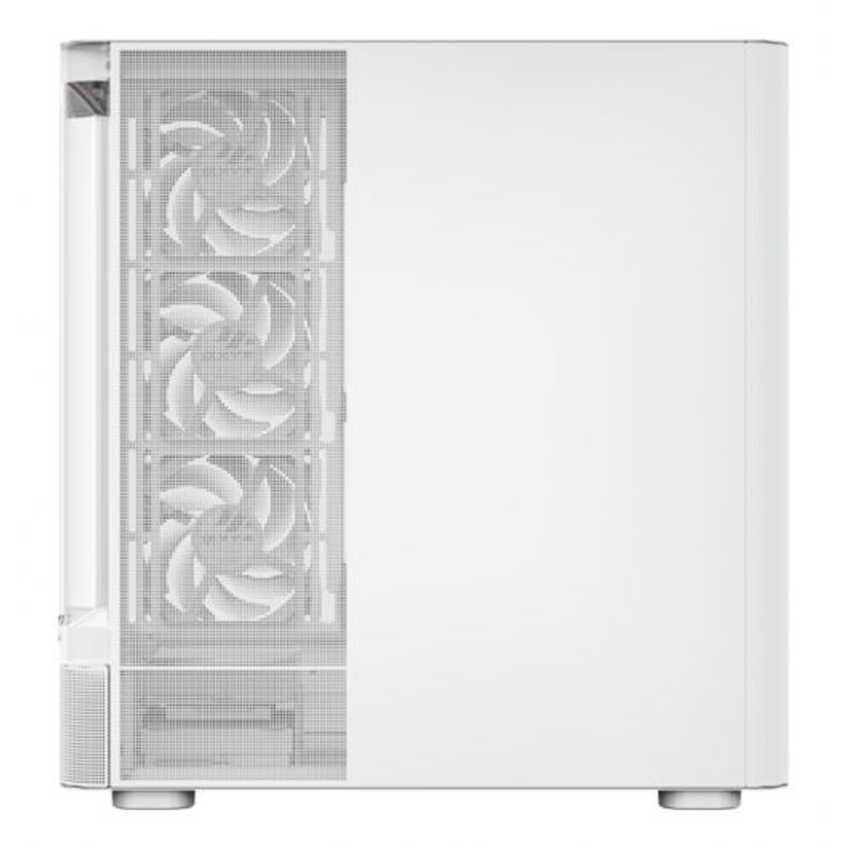 Un case bianco per computer con ventole visibili sul pannello laterale.