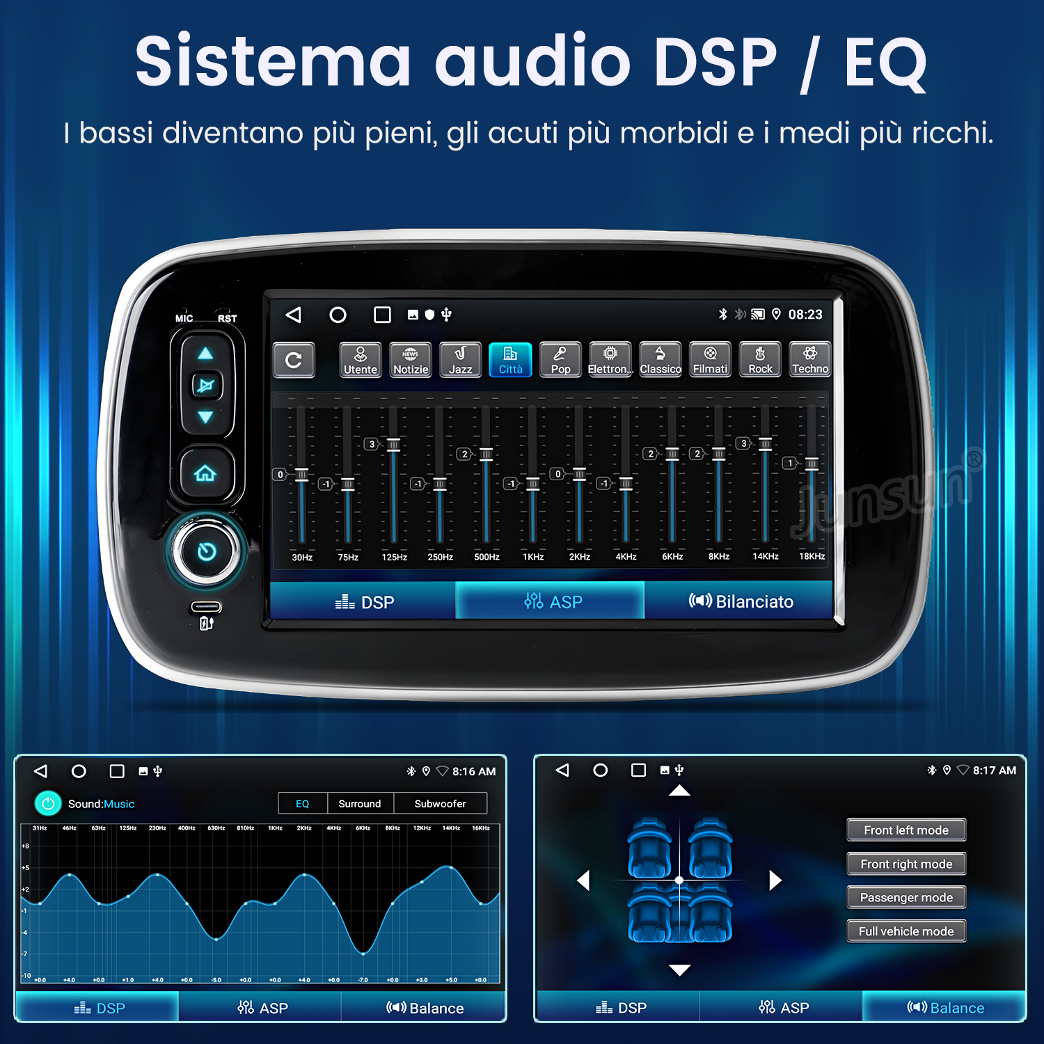 Schermo autoradio con impostazioni DSP/EQ, equalizzatore e distribuzione audio del veicolo.