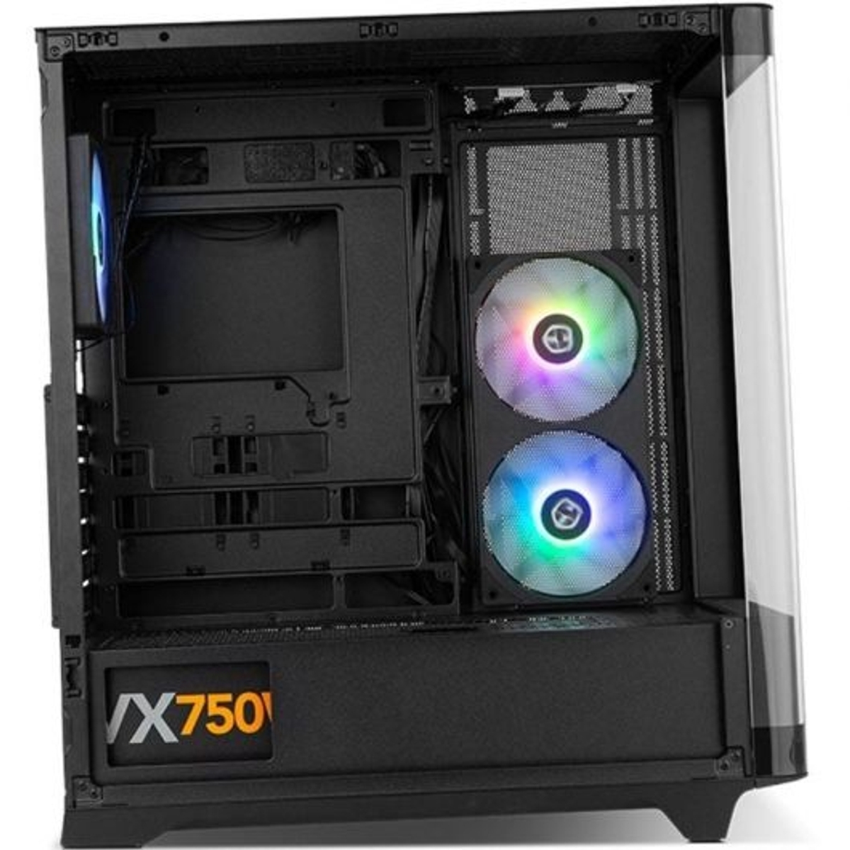 Interno di un case per computer nero con ventole RGB e pannello laterale trasparente.