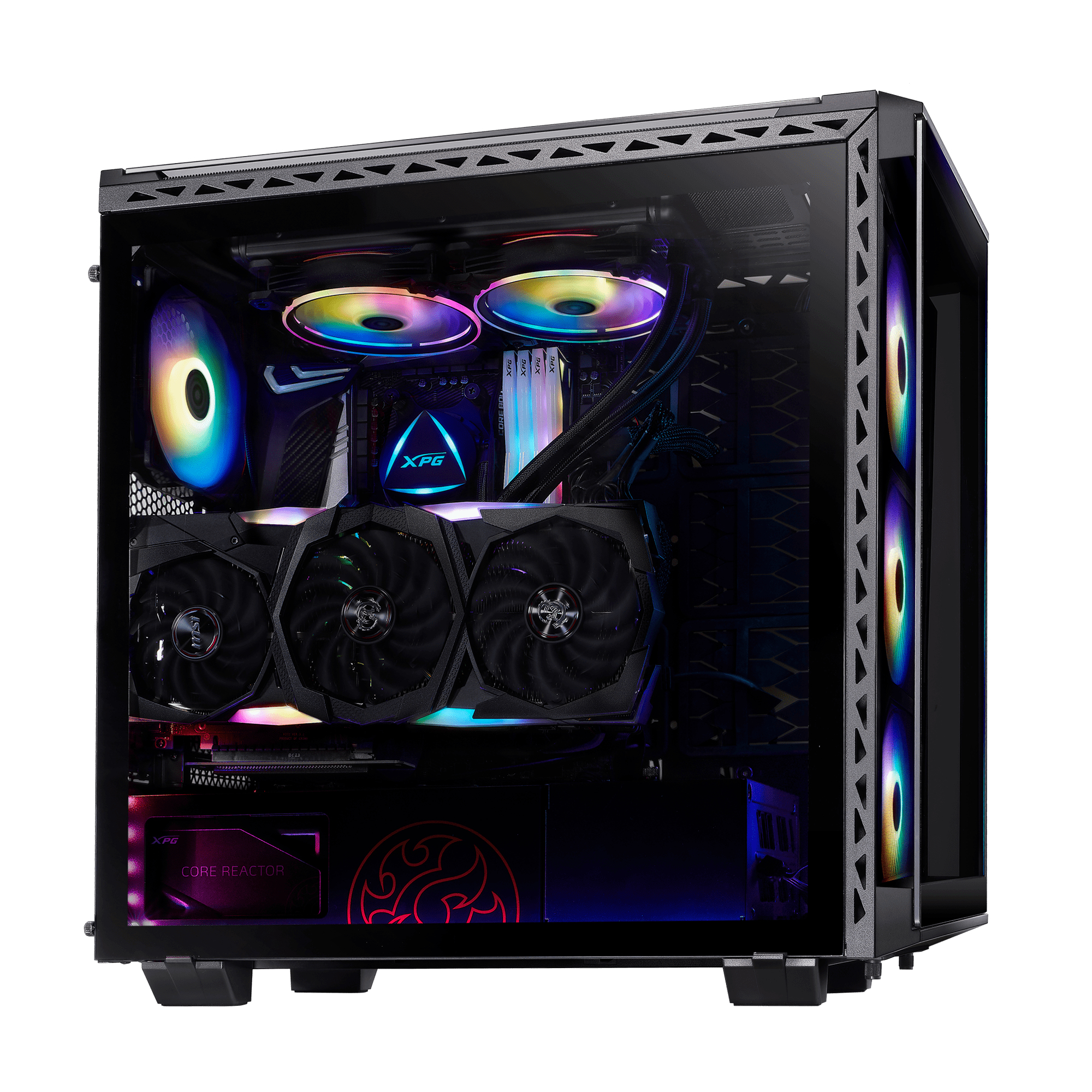 Un PC potente con illuminazione RGB, ventole visibili e scheda grafica.