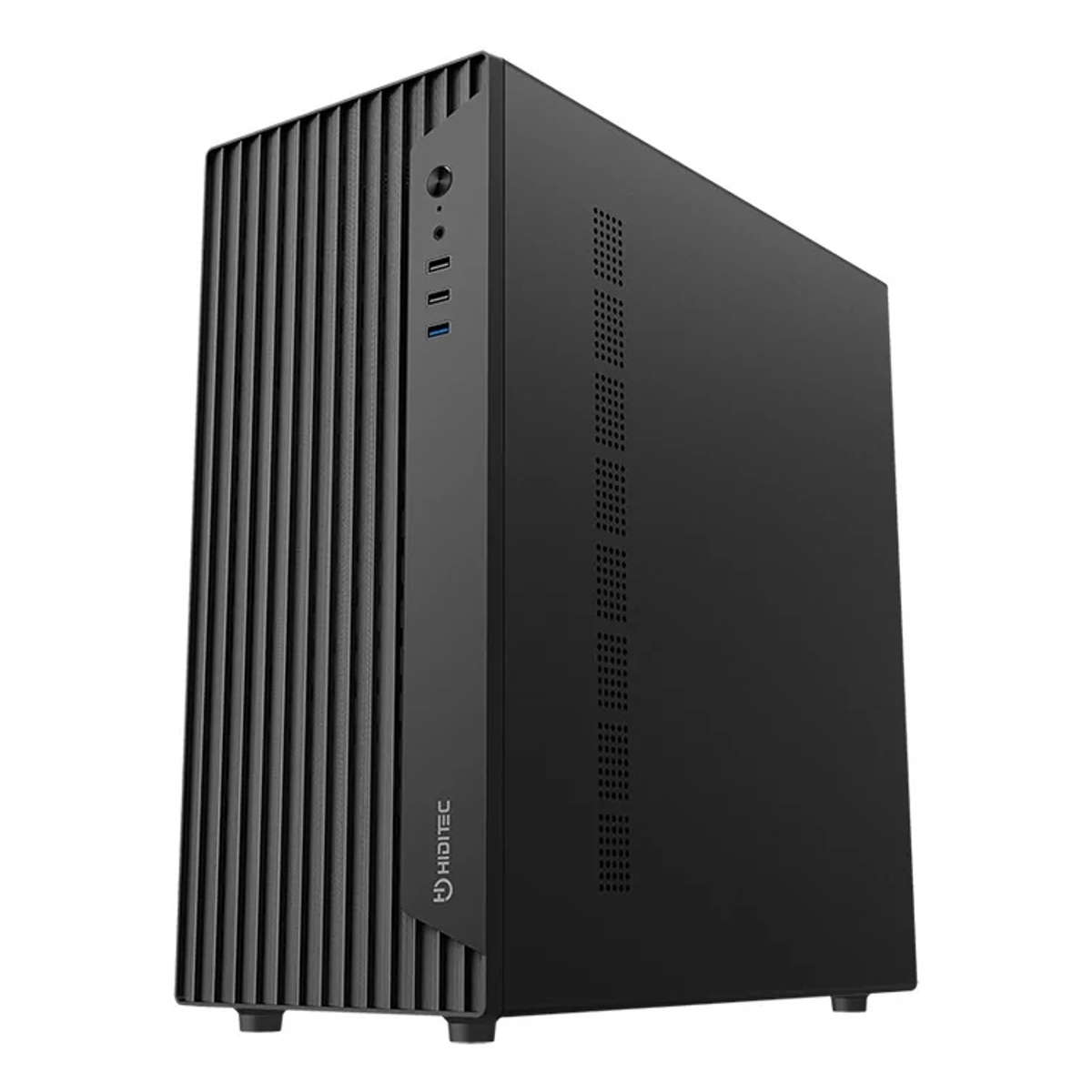 Caja de PC negra con ranuras verticales y puertos USB.
