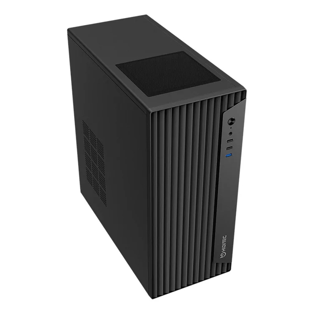 Una caja de computadora vertical negra con ventilaciones y puertos frontales. Logo visible.