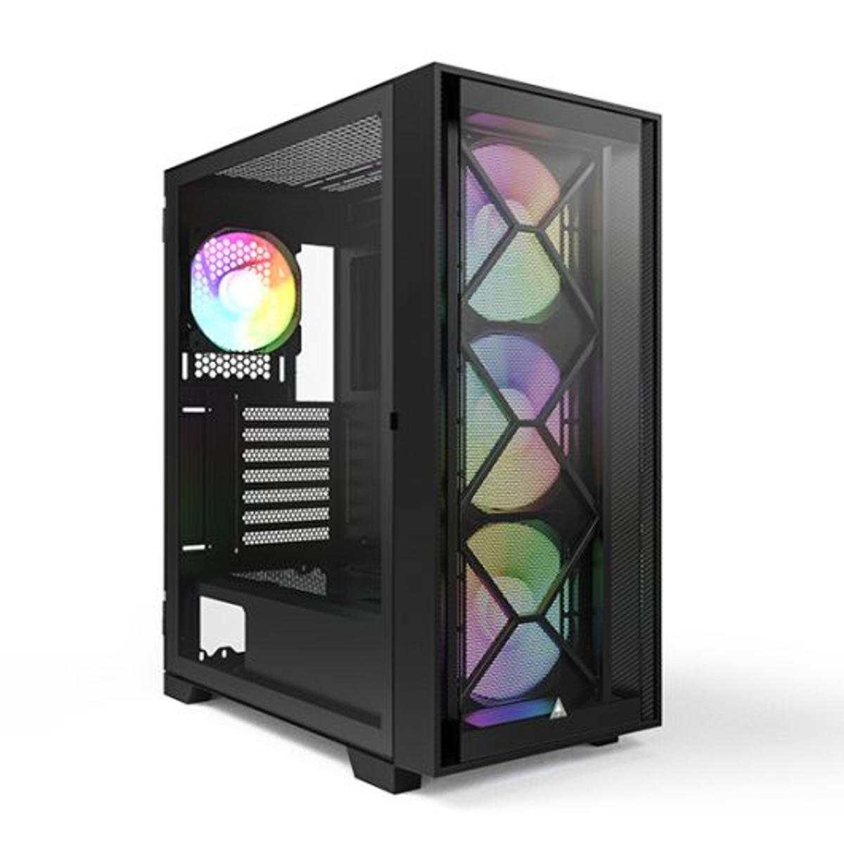Case PC nero con frontale in vetro e ventole RGB.