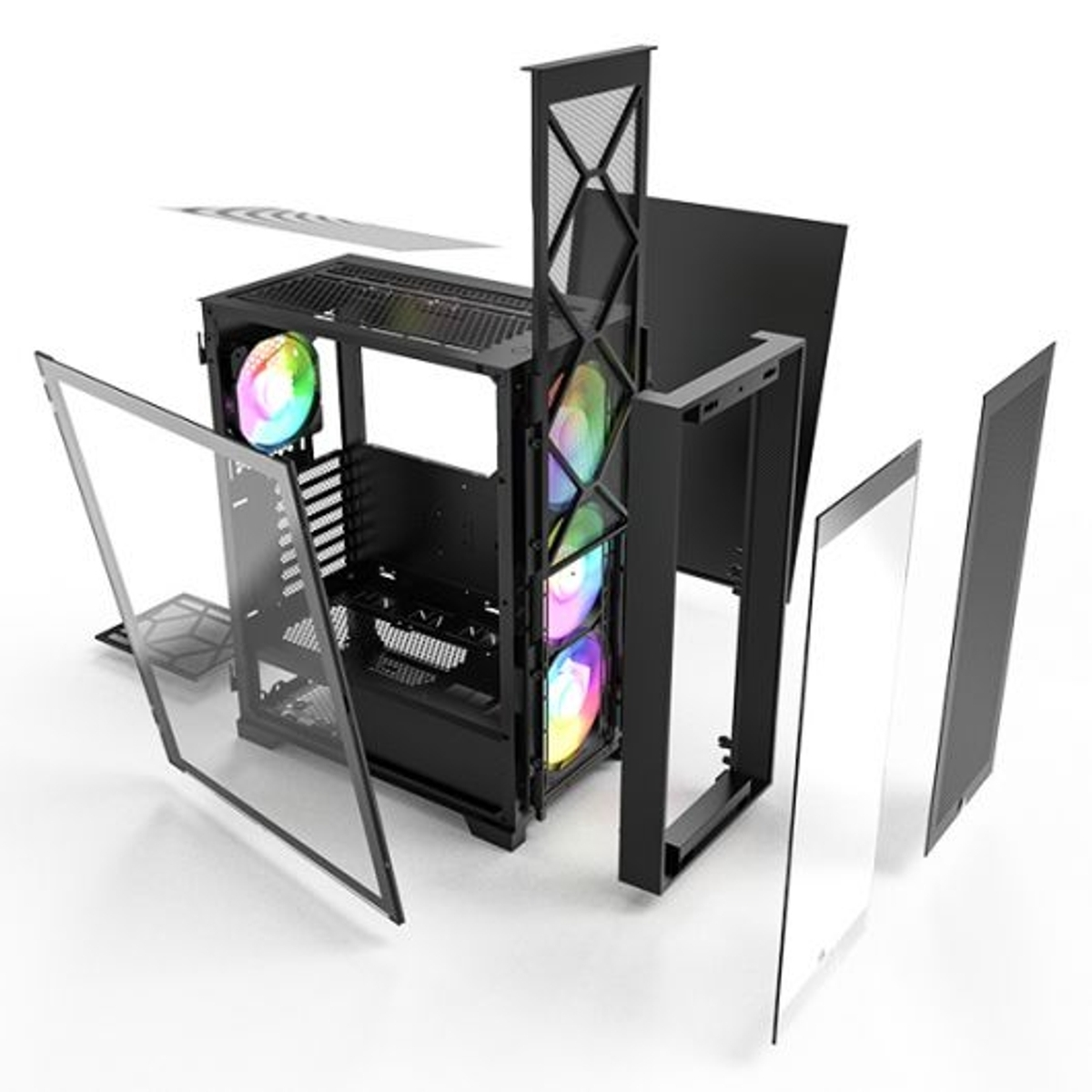Un case per PC nero con ventole RGB, parzialmente smontato.