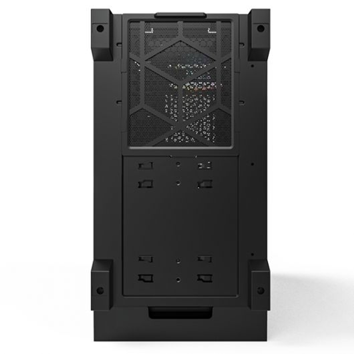 Vista posteriore di un case per computer nero con griglia di ventilazione e porte.