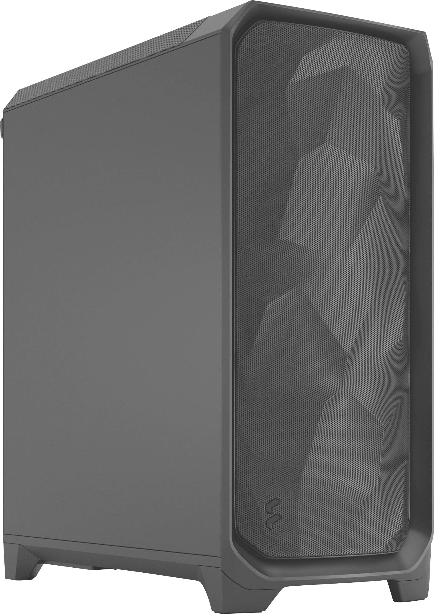 Un case per computer grigio con pannello frontale traforato e piedini angolati.