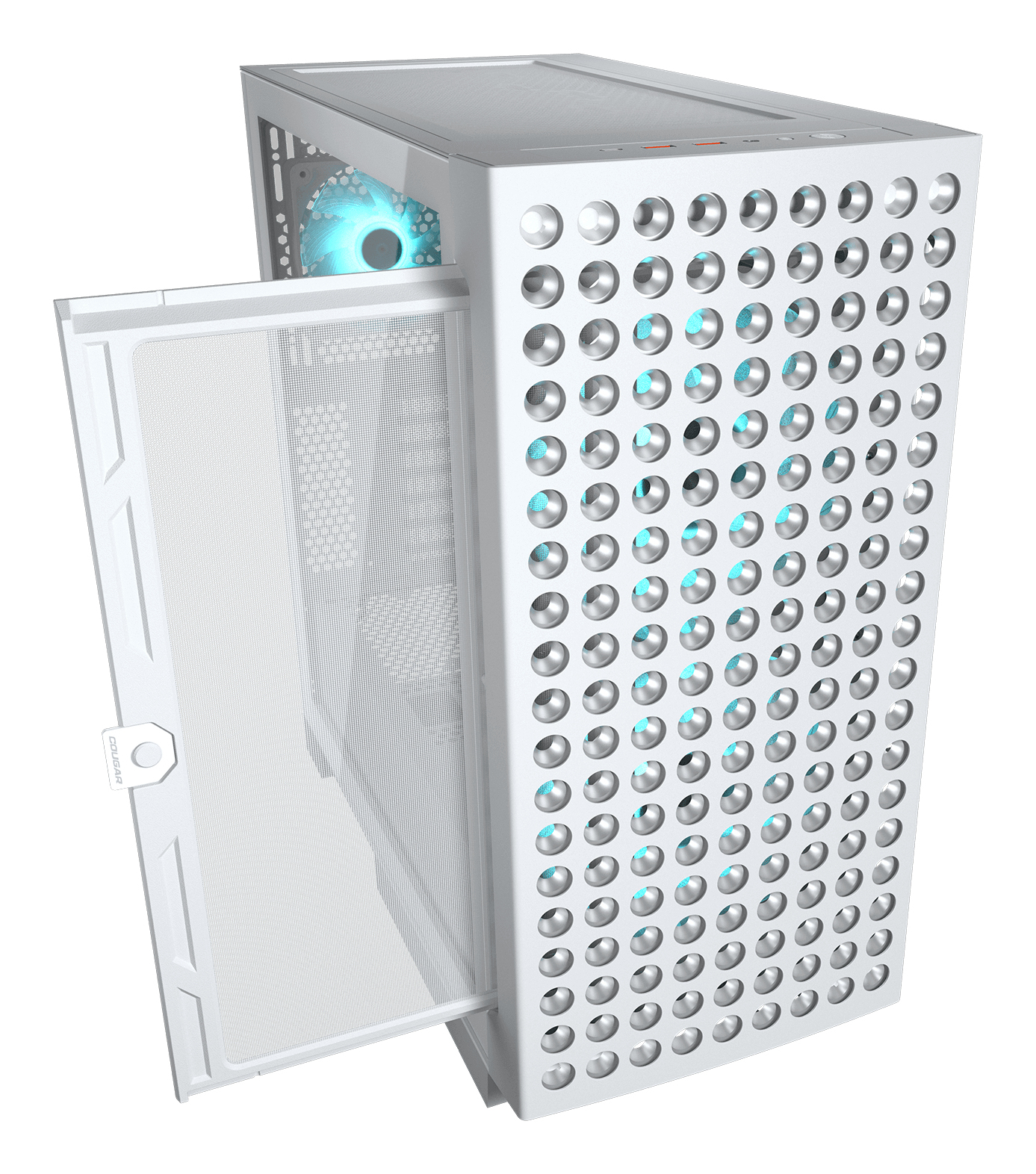 Biała obudowa komputera z otwartym filtrem i widocznymi niebieskimi wentylatorami.