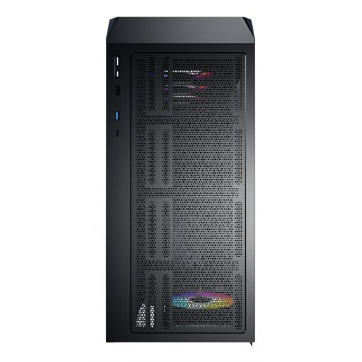 Case PC nero con frontale traforato e illuminazione RGB in basso.