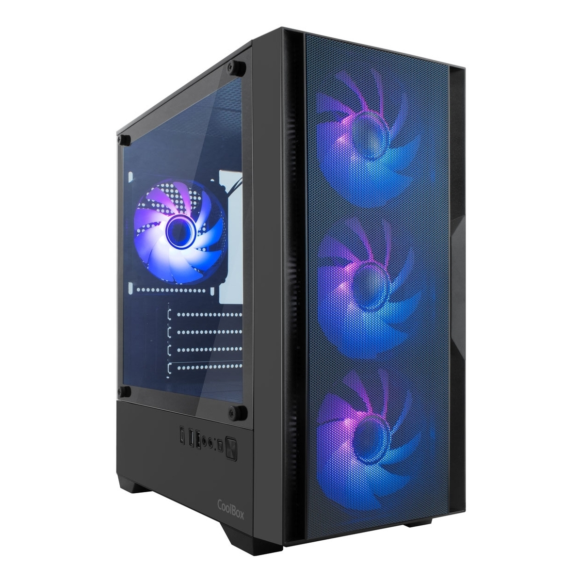 Caja de PC negra con ventana de cristal y ventiladores iluminados.