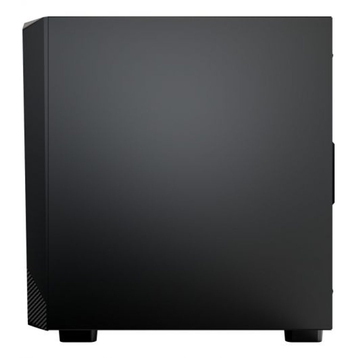 Case nero per computer con ventilazione angolata frontale e piedini.