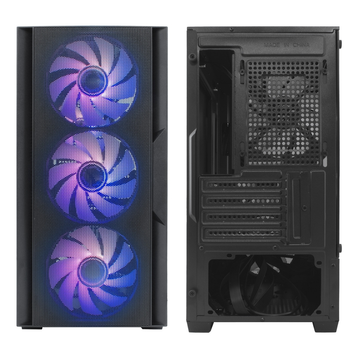 Una caja de PC negra con tres ventiladores iluminados y panel trasero abierto.