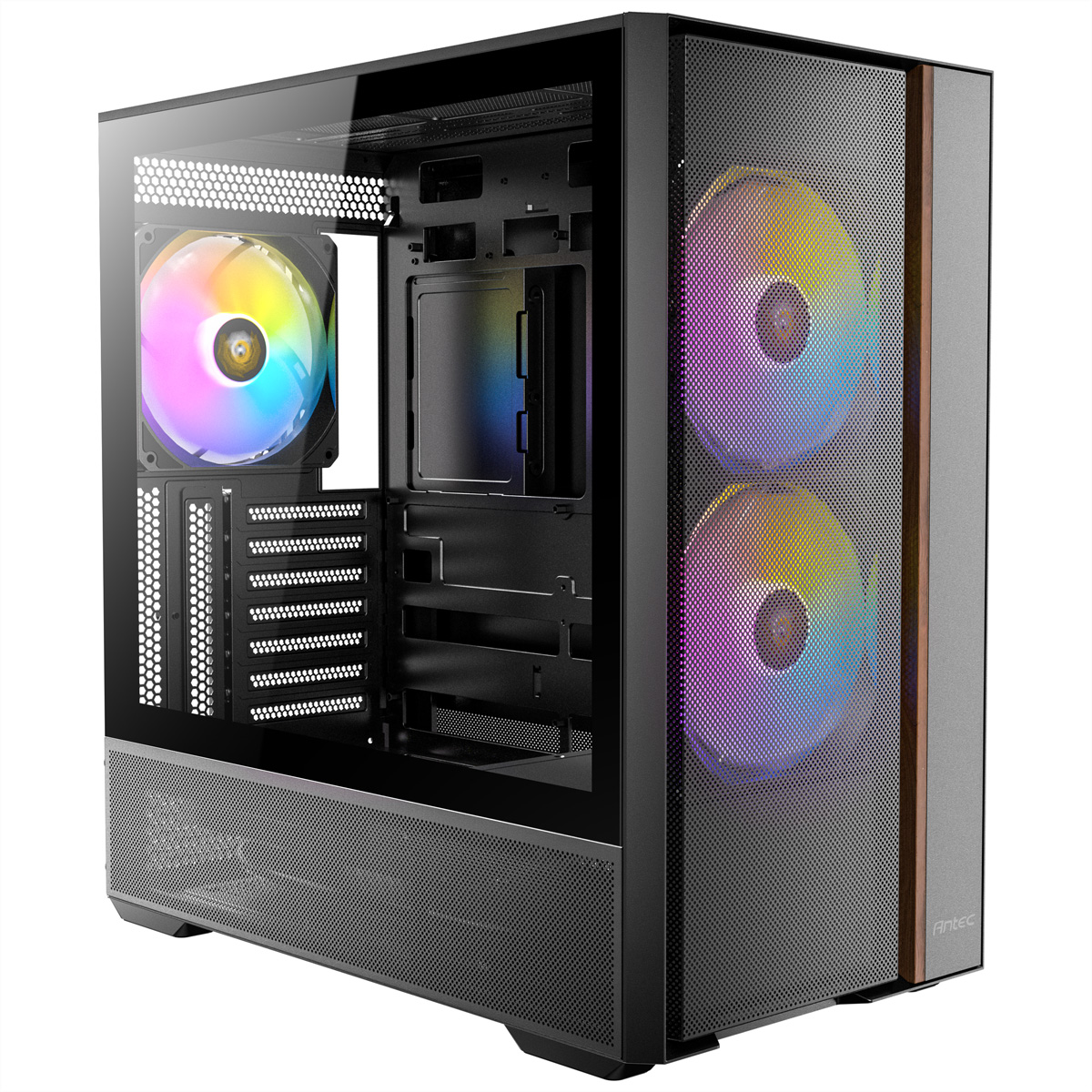 Un case PC nero con ventole illuminate e pannello frontale in vetro.