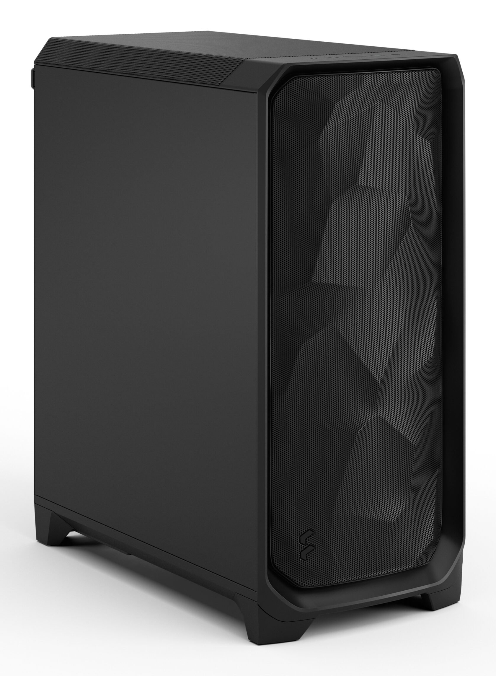 Un case per computer nero con pannello frontale a motivi.