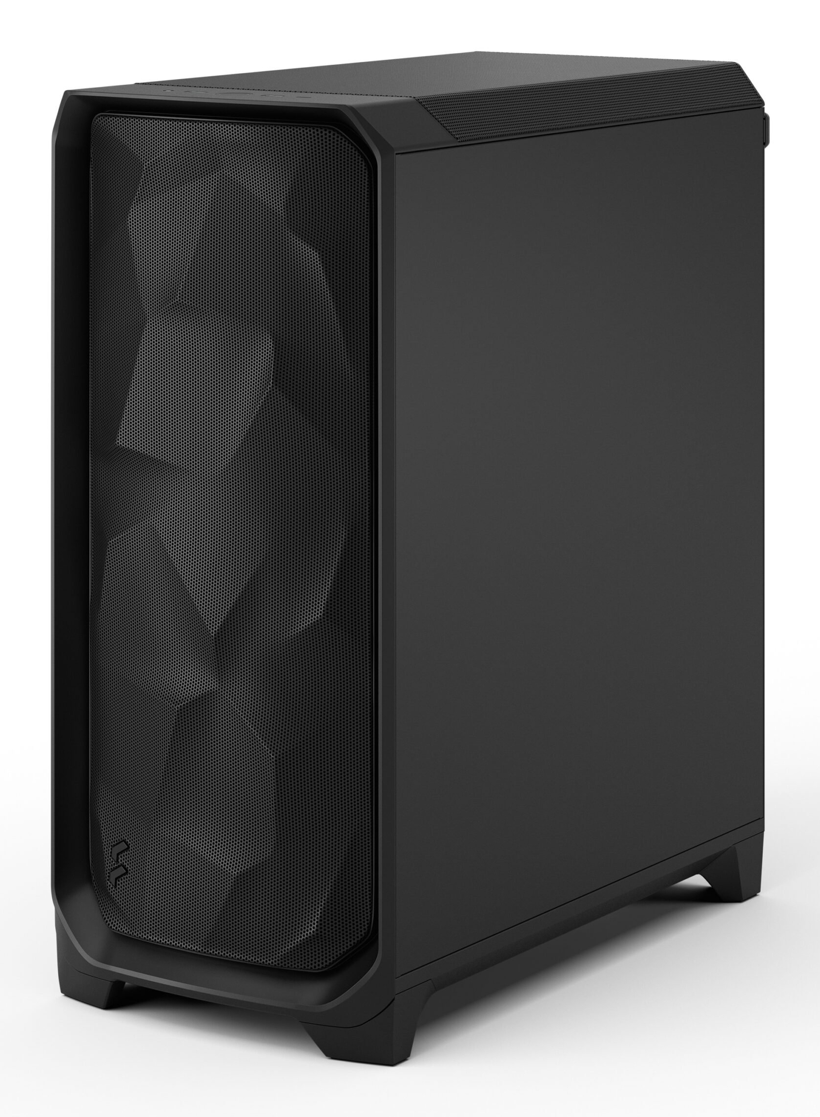 Case del computer nero con pannello frontale perforato e motivi geometrici.