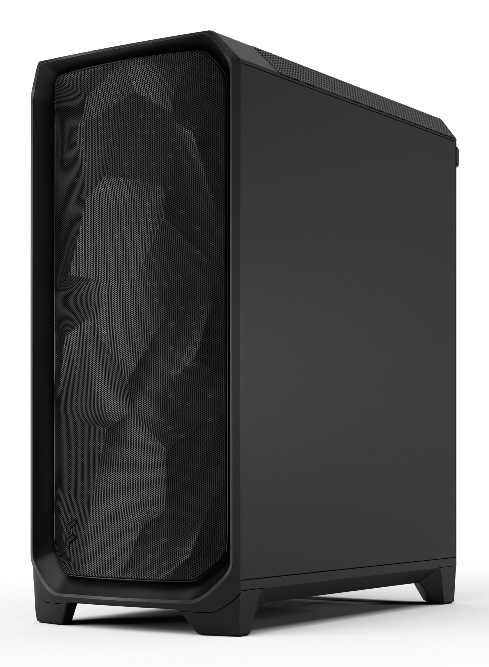 Case per computer nero con pannello frontale perforato e piedini stilizzati.