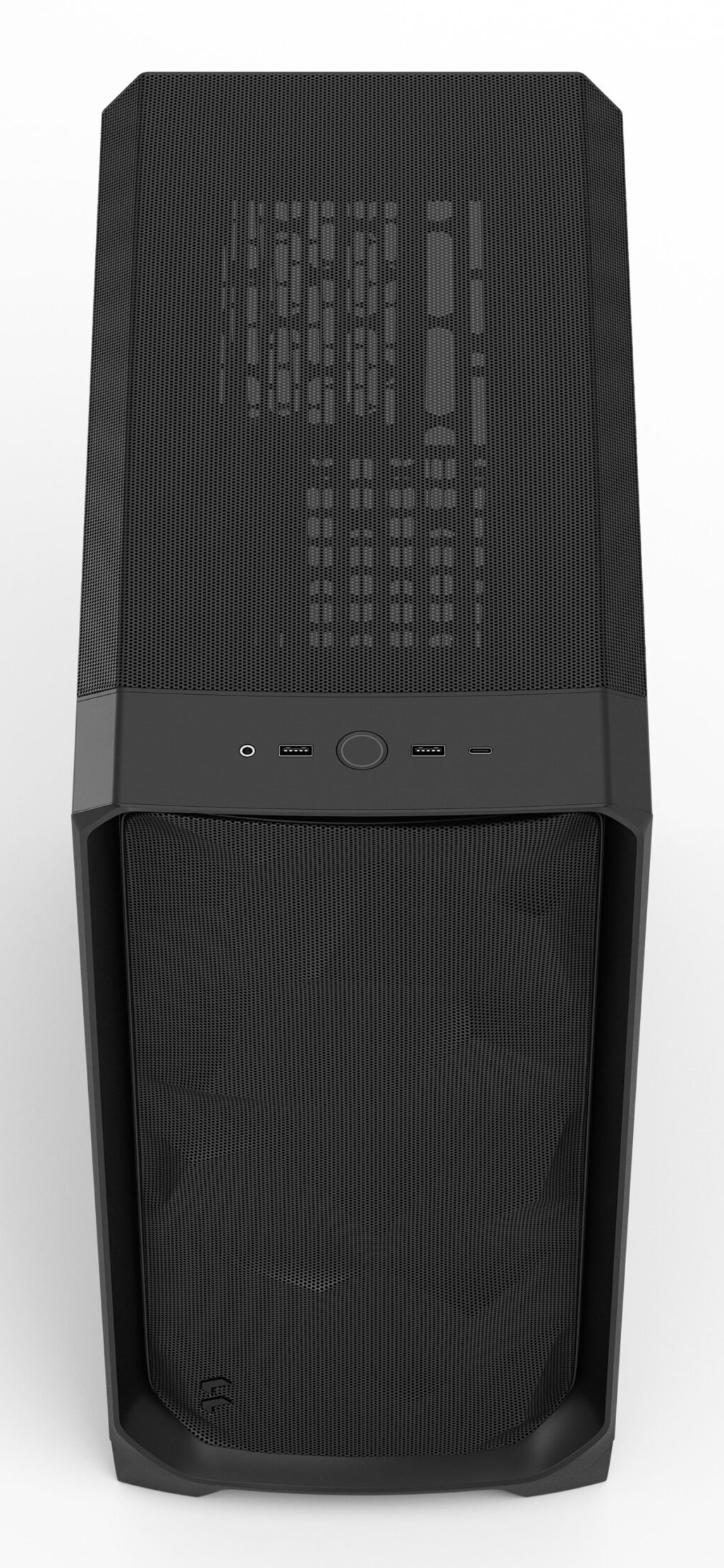 Case PC nero con frontale in mesh e porte superiori.