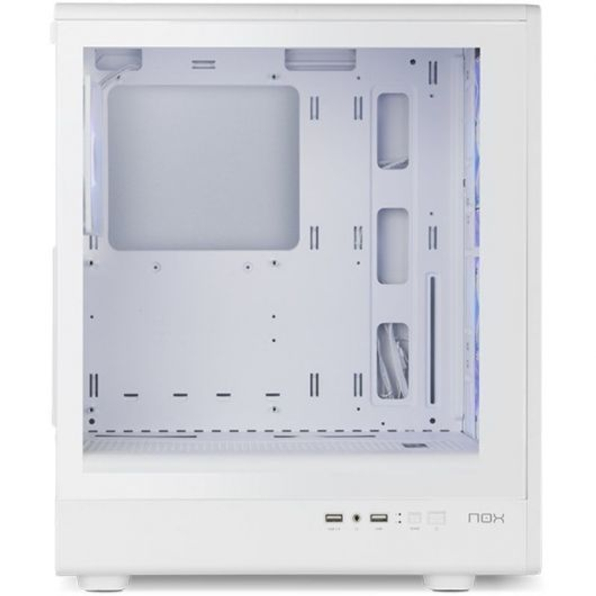 Un case per computer bianco con finestra laterale e luci blu.