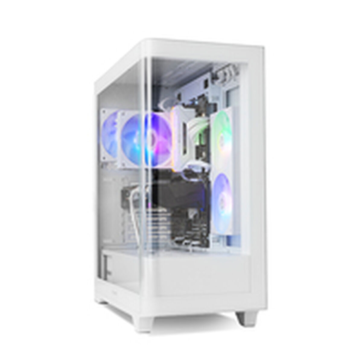 Un case PC tower bianco con frontale in vetro e ventole RGB.