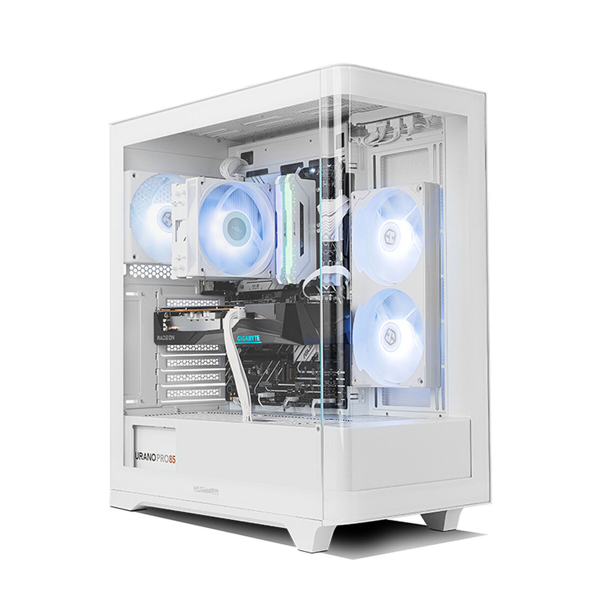 Un case PC bianco con lati trasparenti e illuminazione RGB blu.