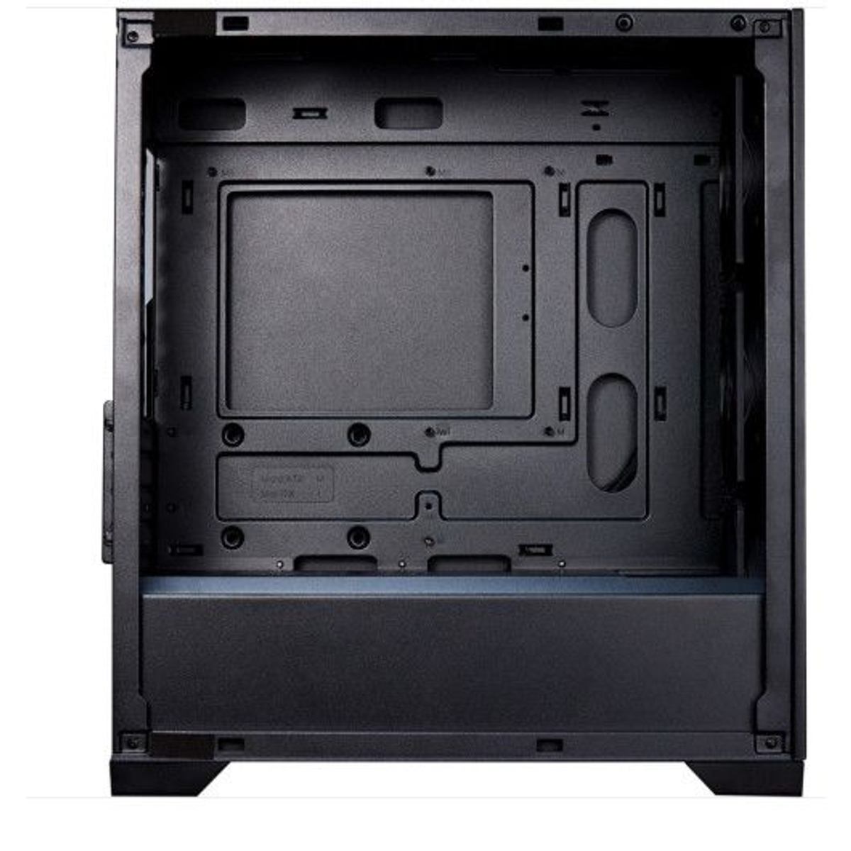 Vista interna di un case per computer nero con punti di montaggio.