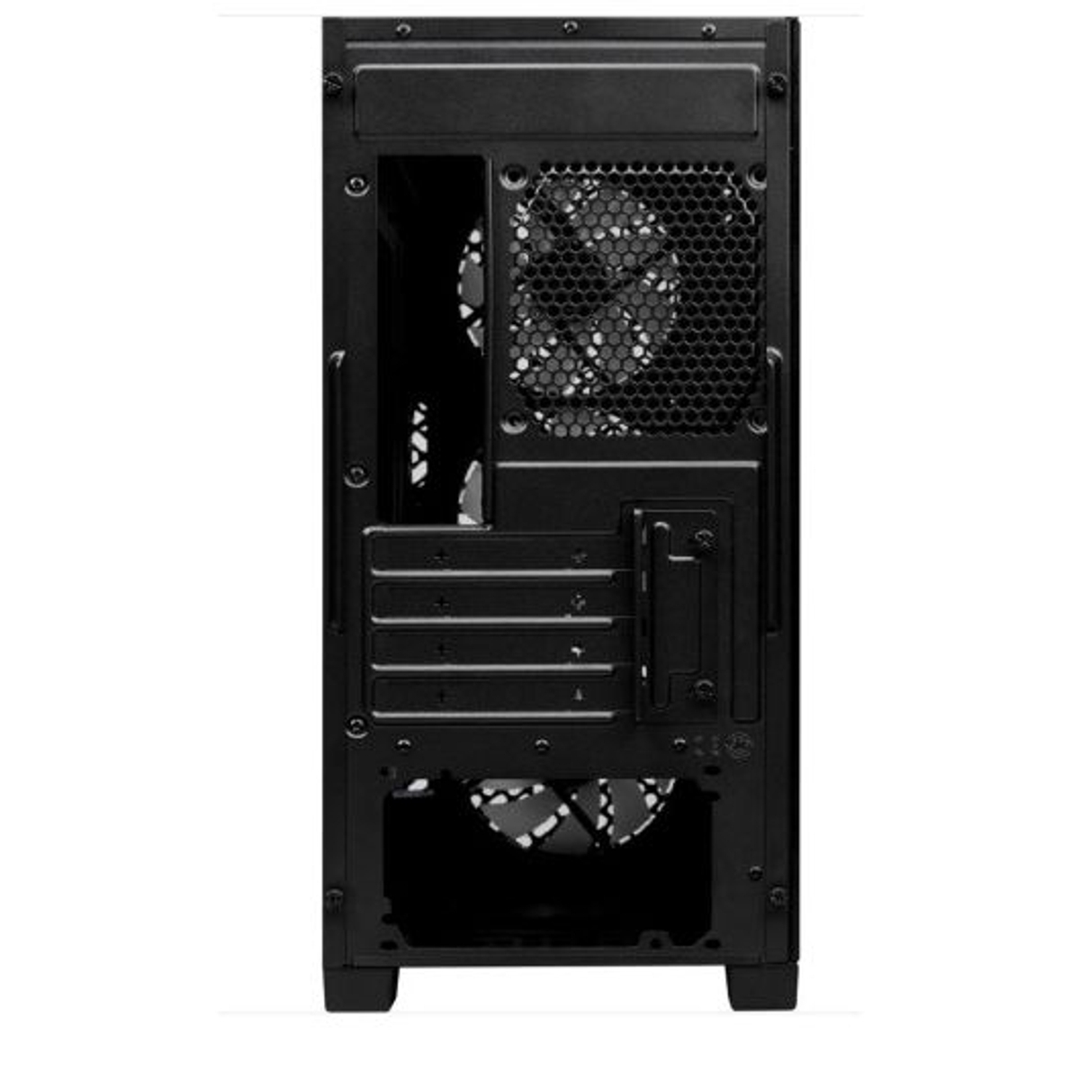 Vista posteriore di un case per computer nero con ventole e slot di espansione.