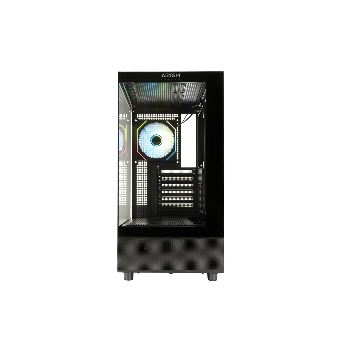 Una caja de PC negra con ventilador RGB y panel lateral de cristal.
