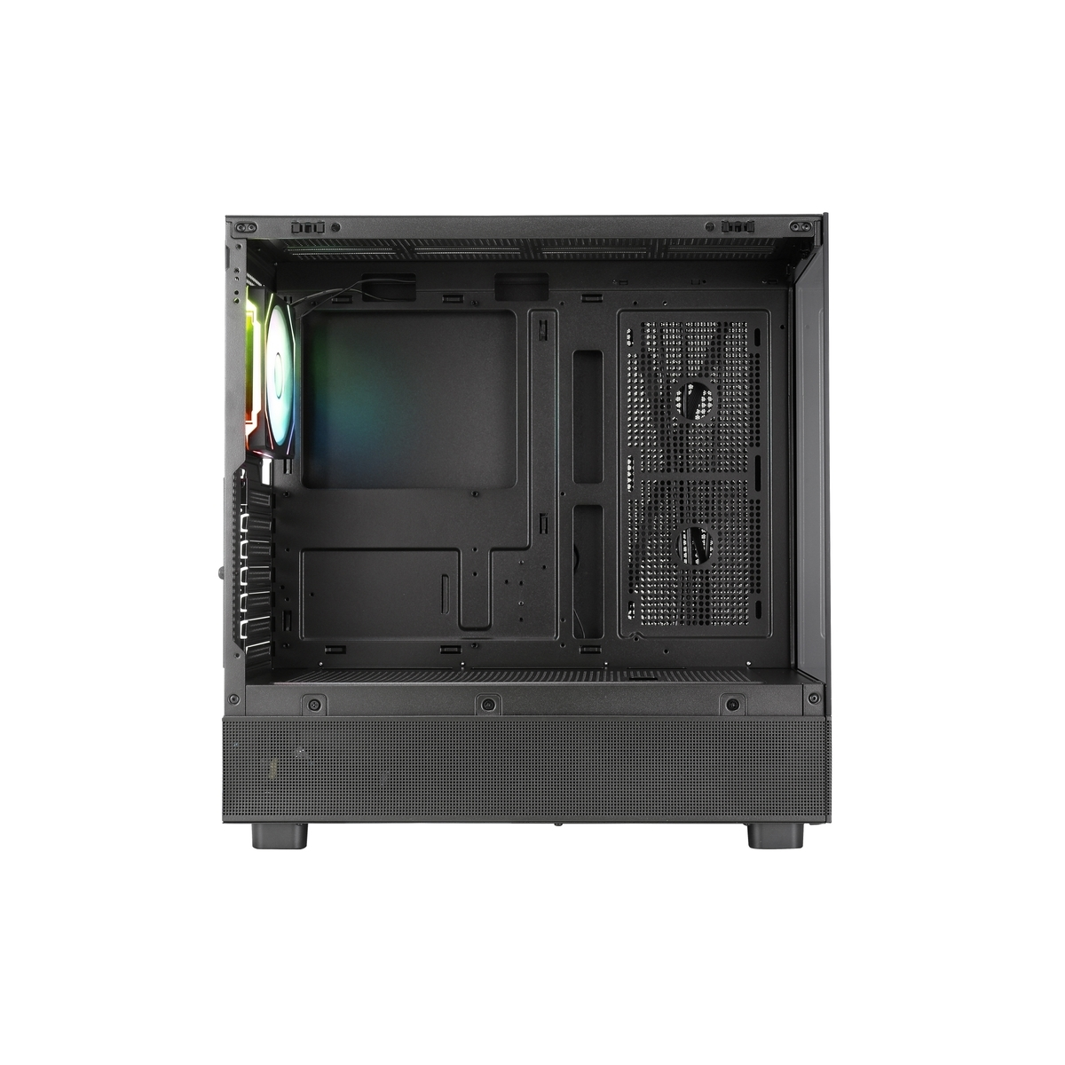 Interior de caja de PC negra abierta con ventilador RGB y rejillas de malla.
