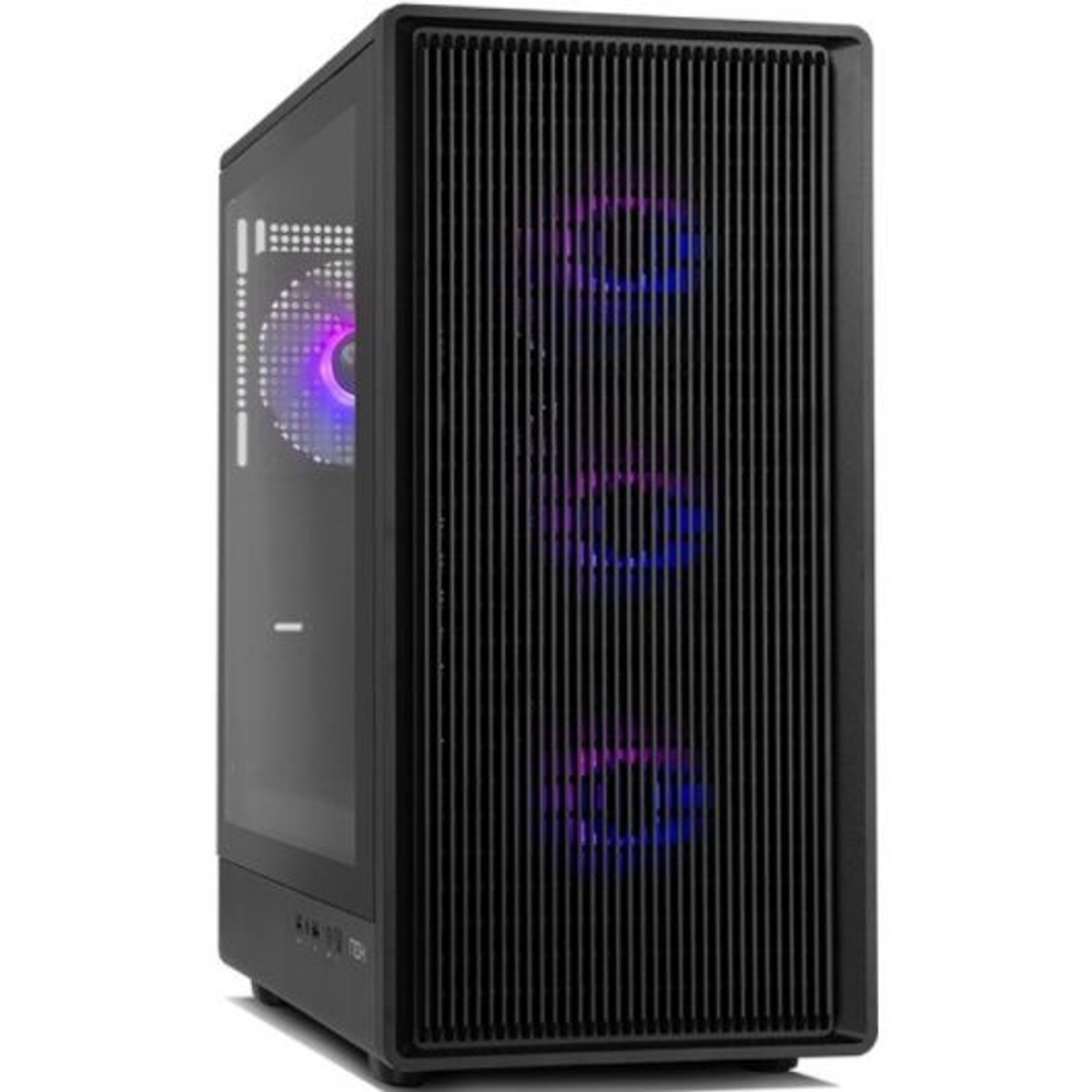Case PC nero con ventole luminose viola e blu.