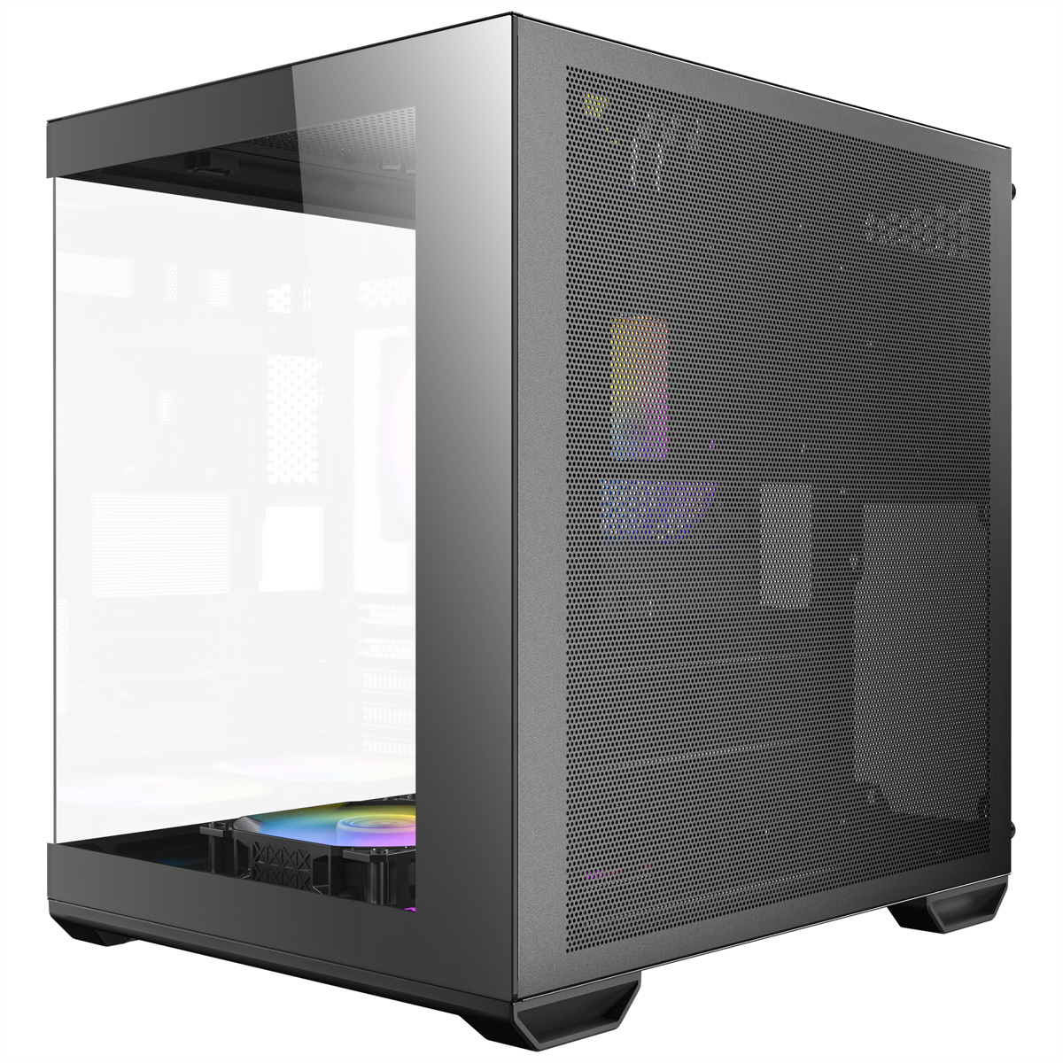 Case PC nero con pannello in vetro a sinistra, rete a destra.