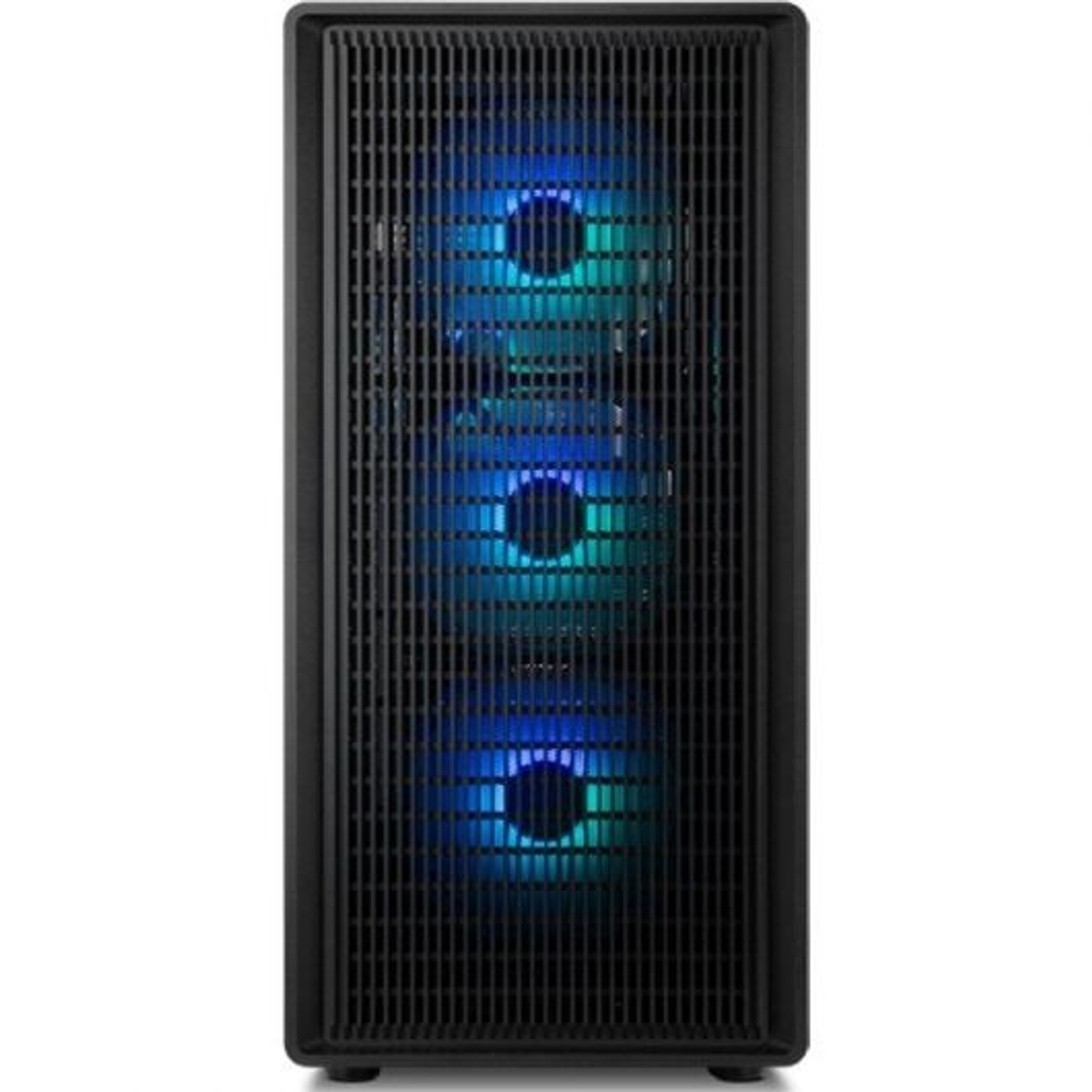 Case del computer nero con tre ventole illuminate blu e turchesi.