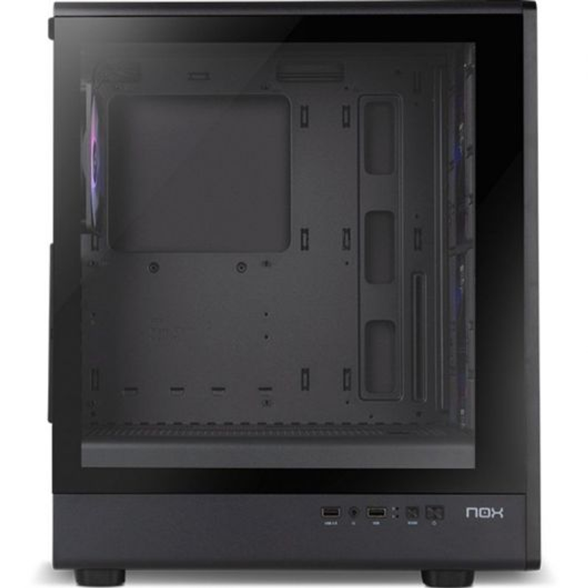 Un case PC nero con frontale in vetro e ventola RGB.