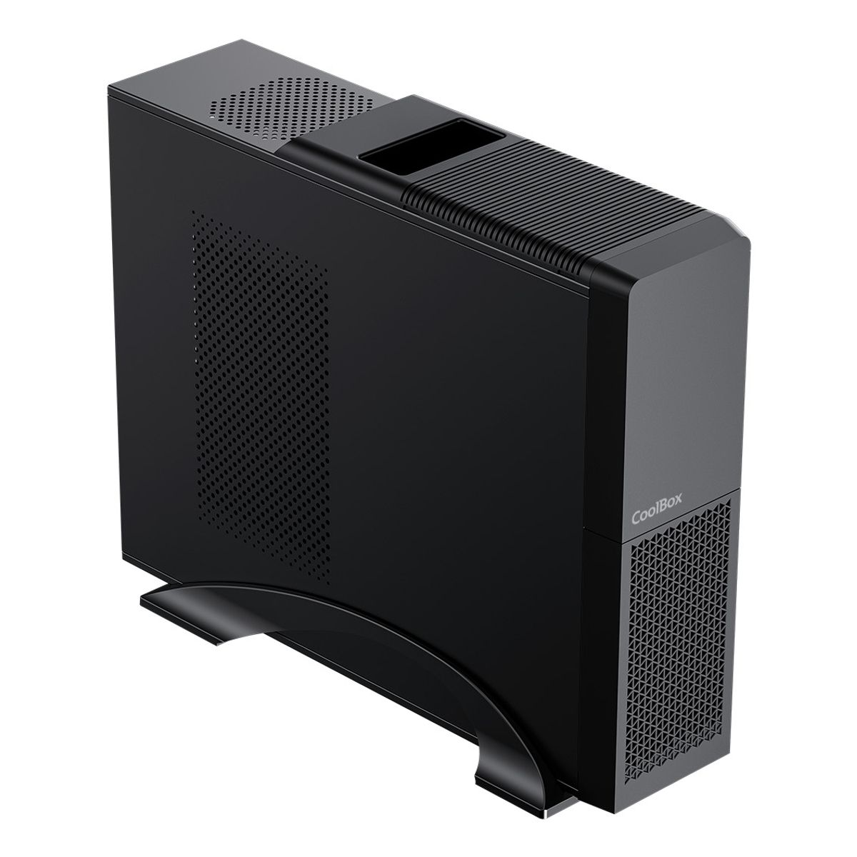 Case per computer nero con fessure di ventilazione e maniglia in alto.