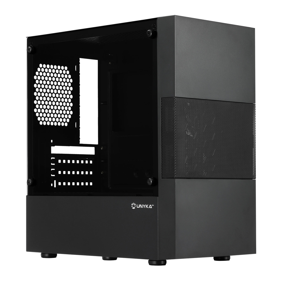 Case per computer nero con finestra in vetro e griglia.