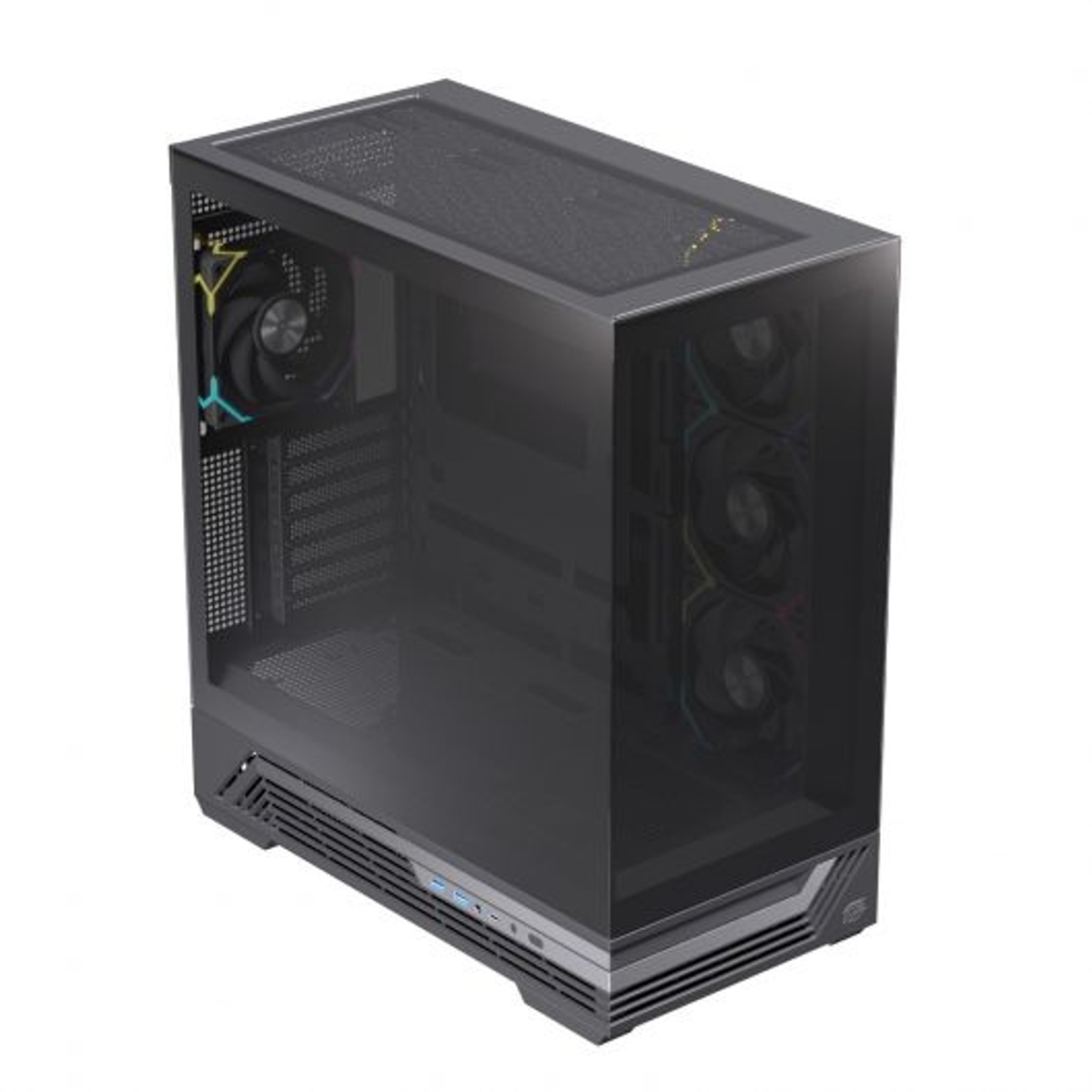 Caja de PC negra con frontal de cristal y ventiladores.