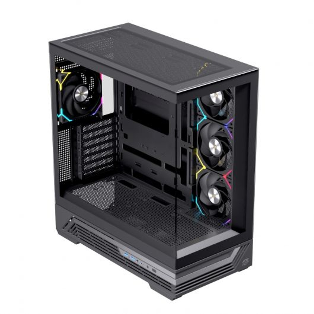 Una caja de PC negra con ventiladores RGB y frente de cristal.