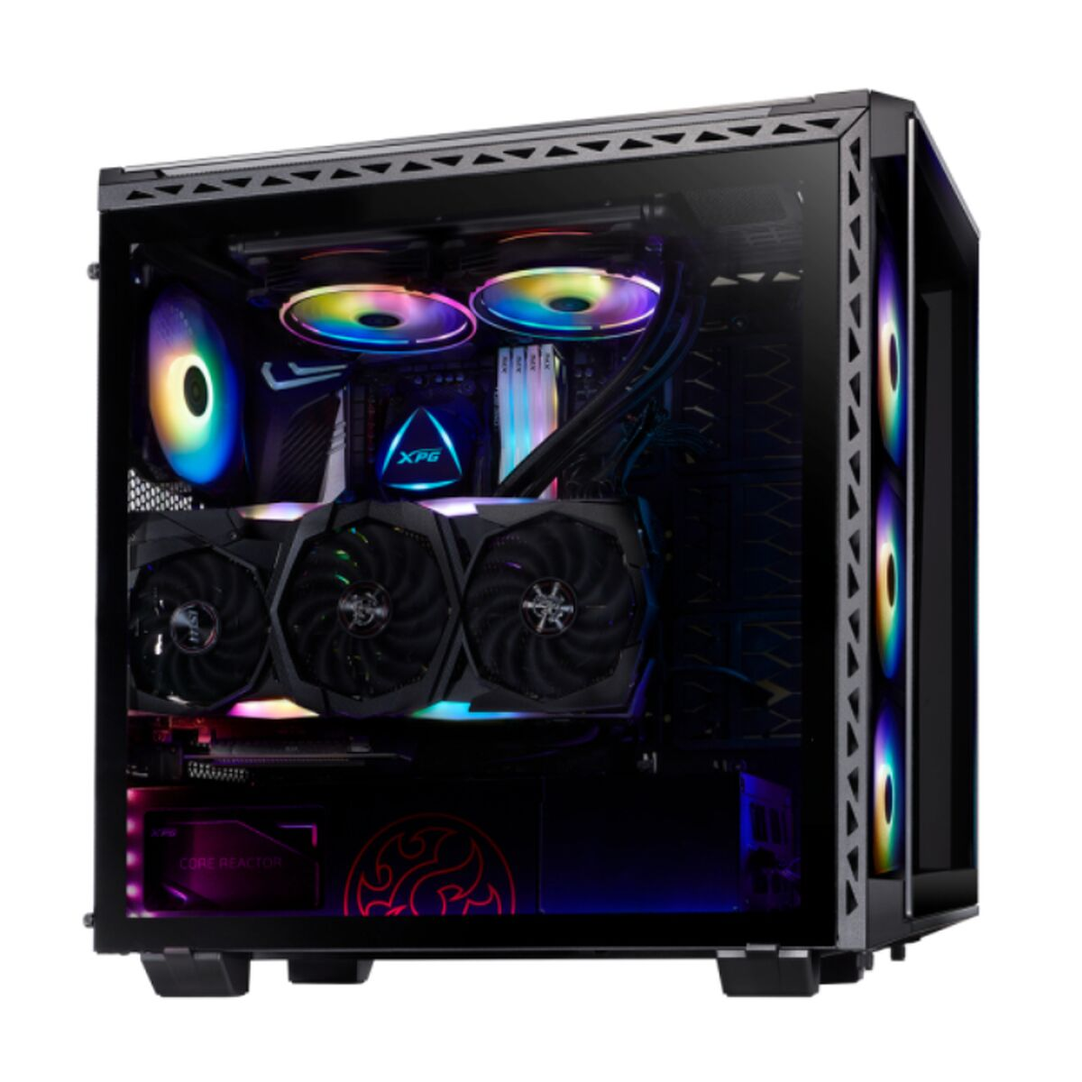 Un case per PC con illuminazione RGB, che mostra una scheda grafica e ventole.